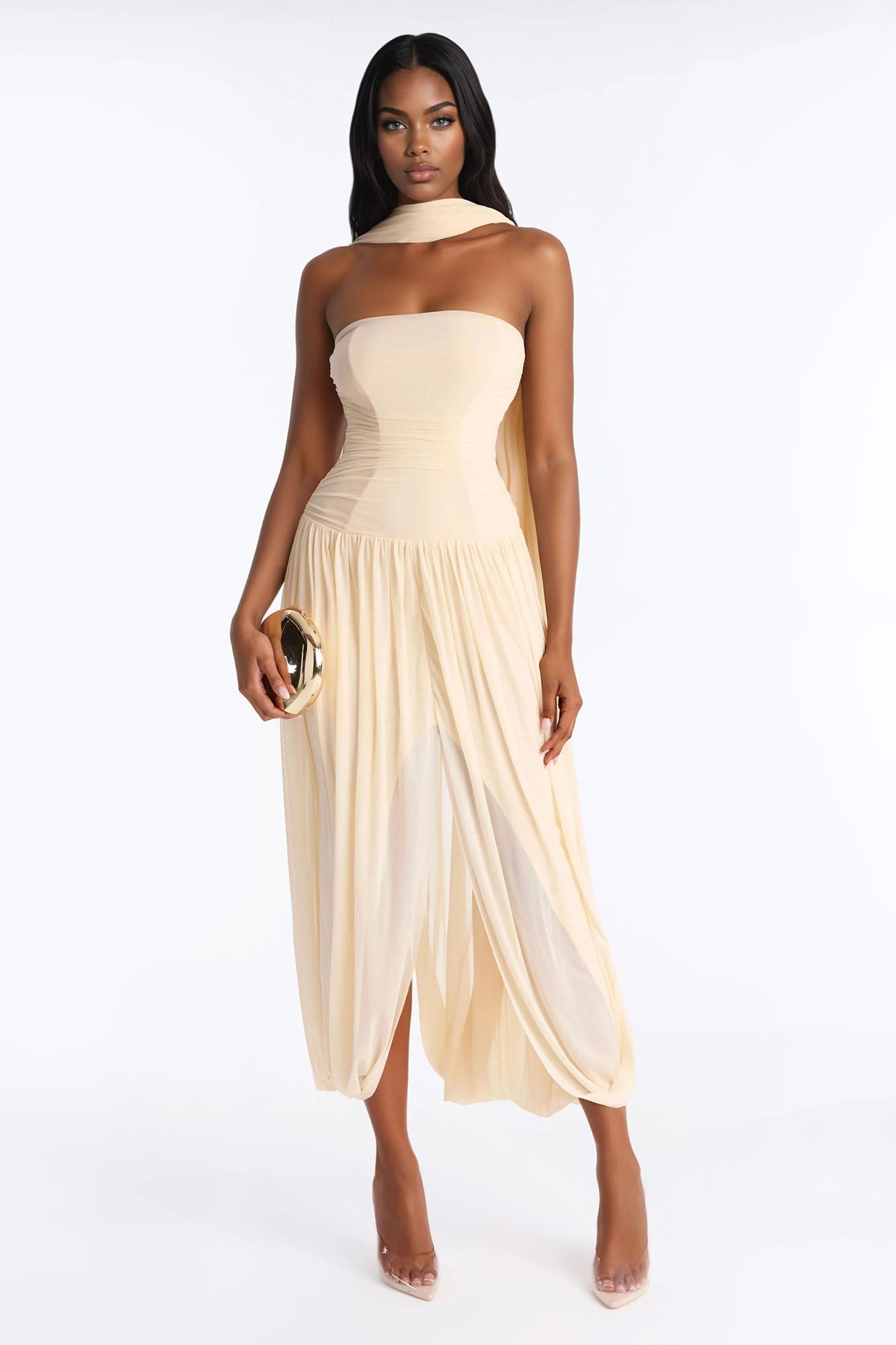 Maeve Corset Draped Mesh Gown - Cream