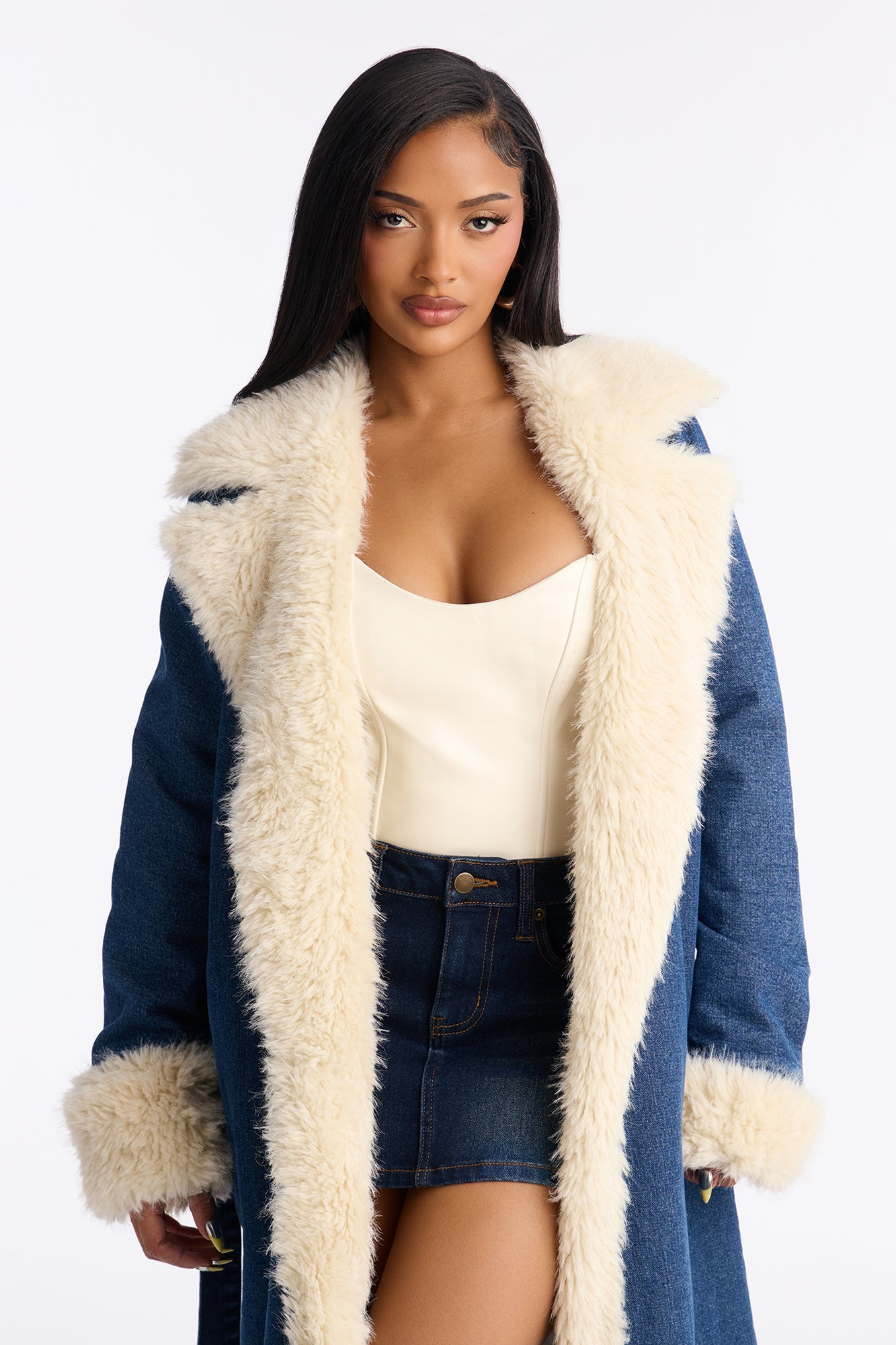 CPH Faux Fur Quilted Denim Jacket - Dark Wash