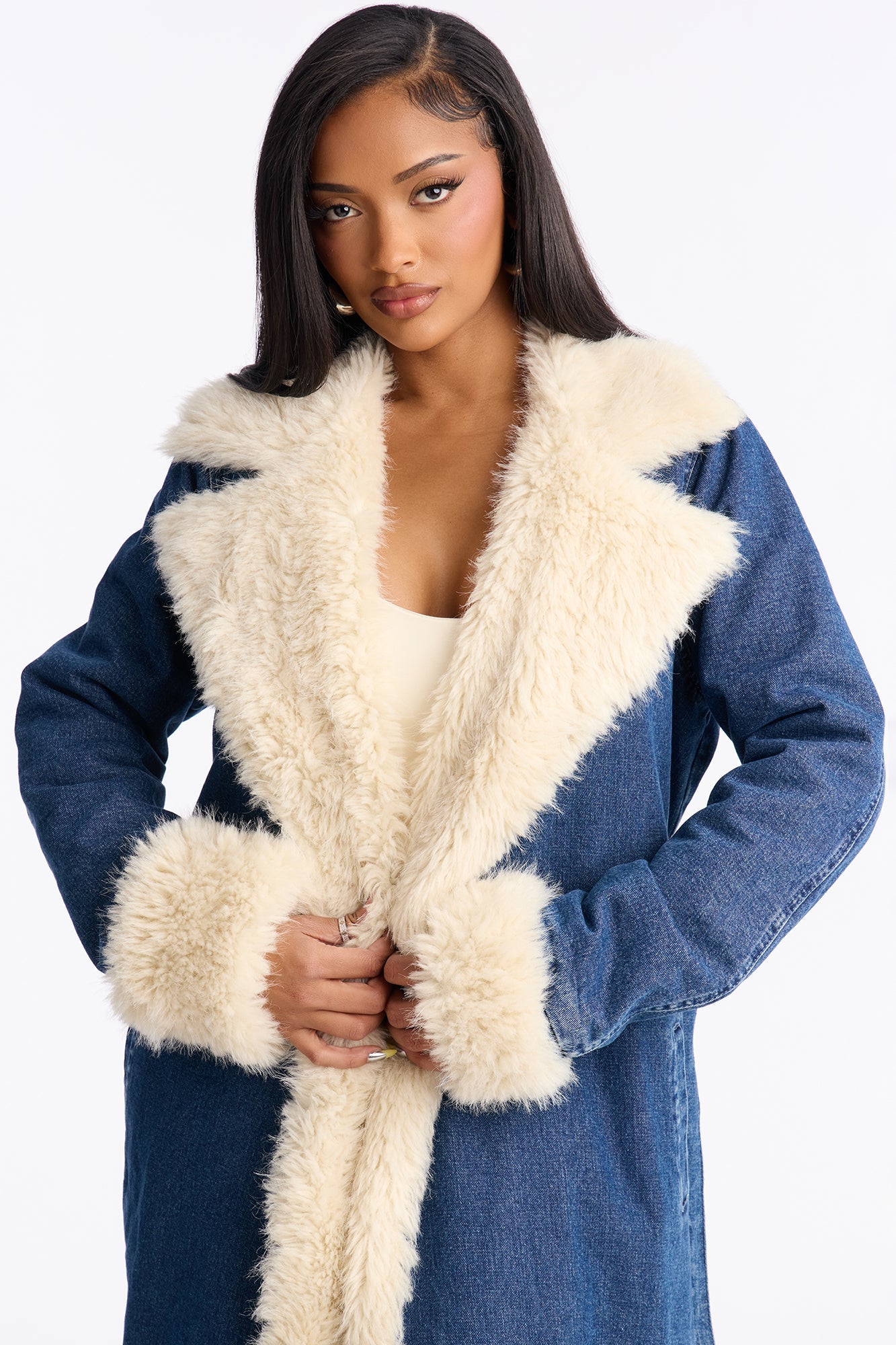 CPH Faux Fur Quilted Denim Jacket - Dark Wash