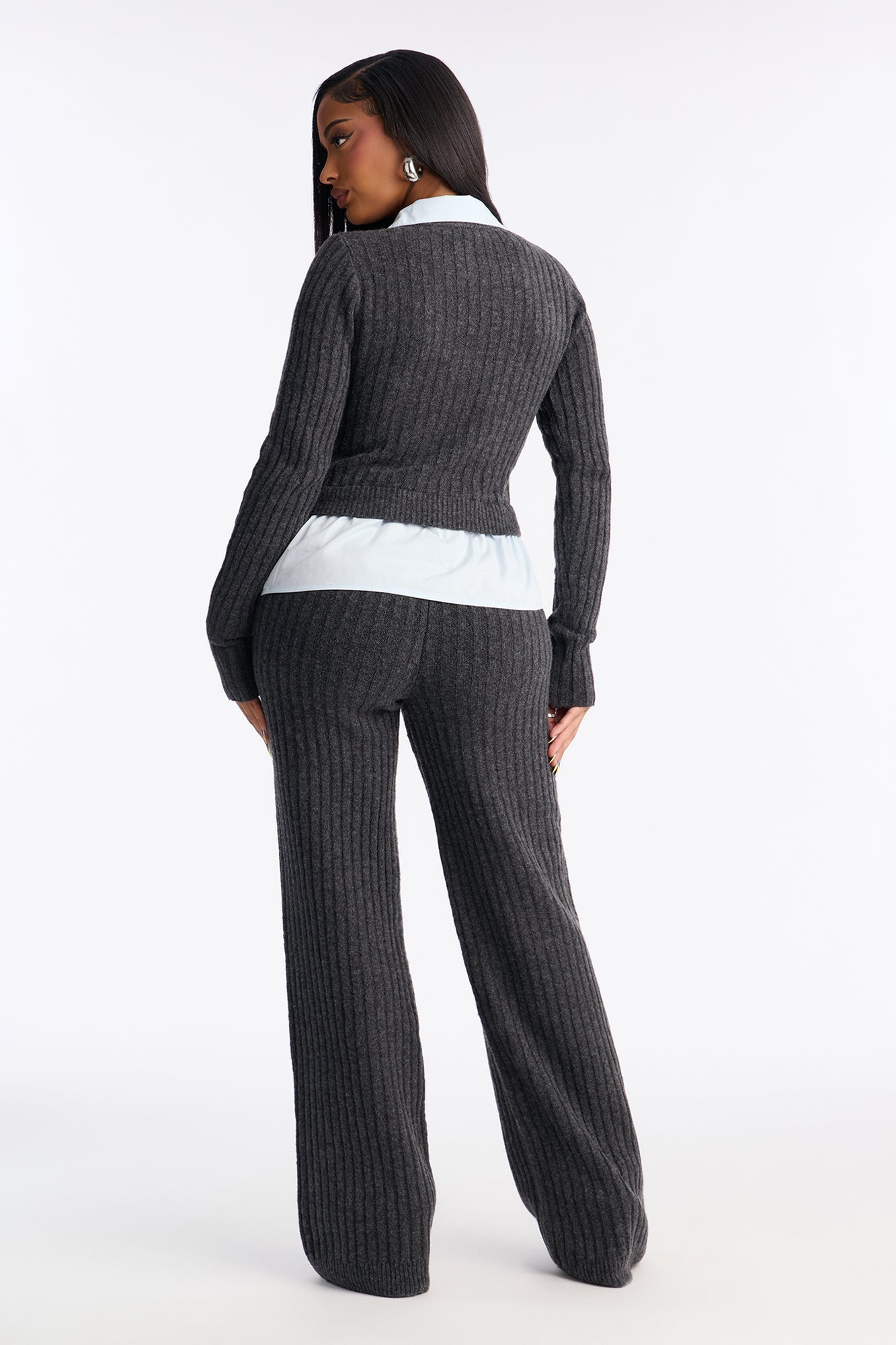 Lazy Monday Collar Sweater Wide Leg Pant Set - Charcoal