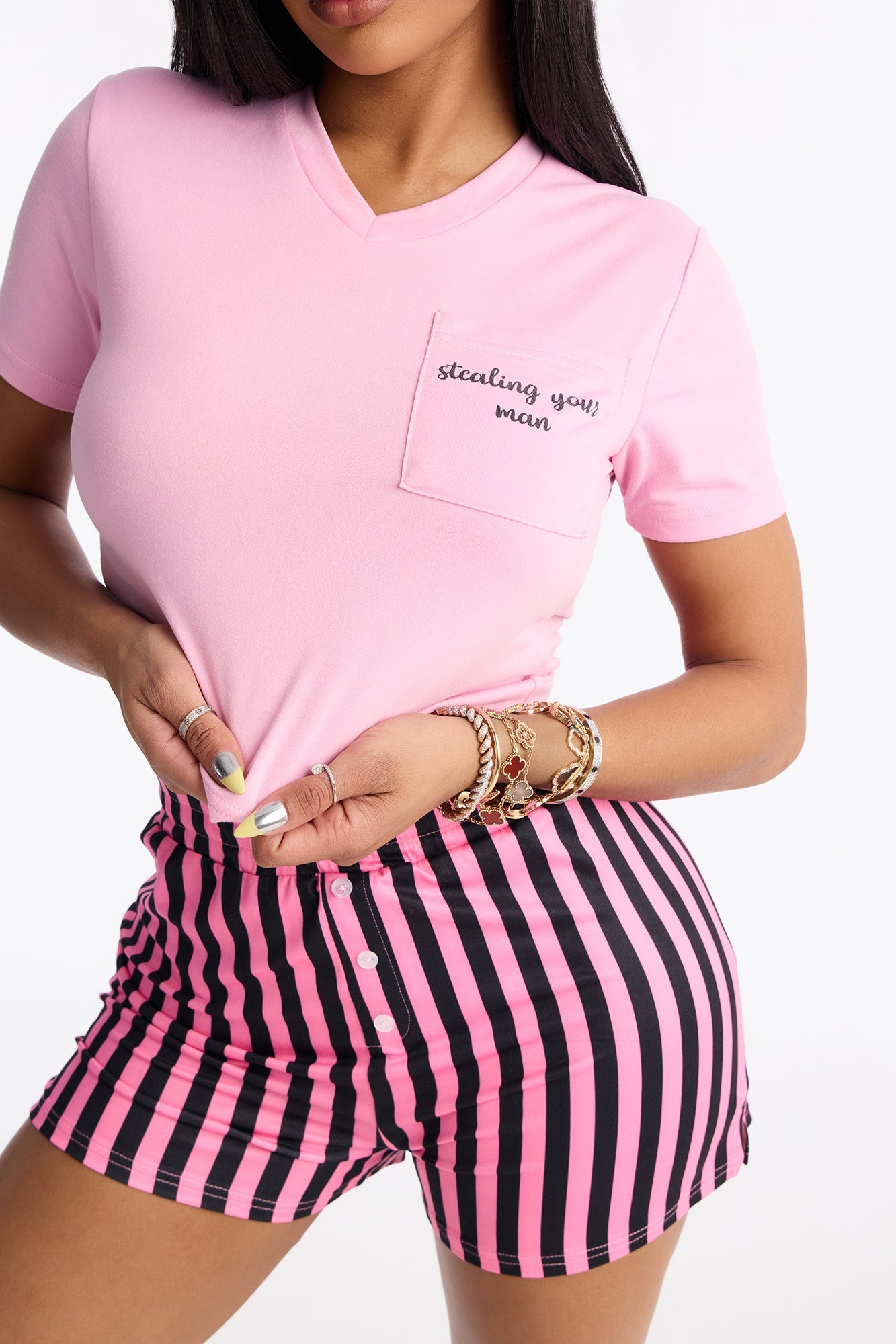 Stealing Your Man Short Sleeve PJ Boxer Short Set - Black/Pink