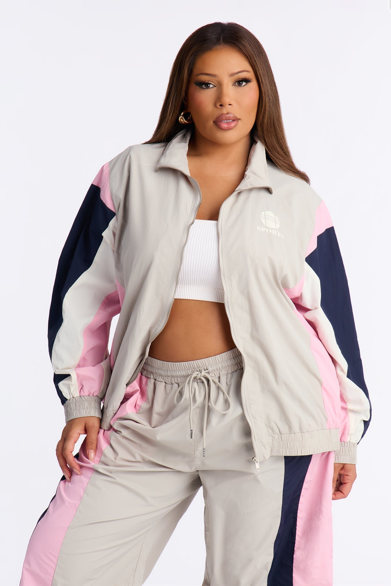 Caroline Nylon Zip Up Wide Leg Pant Set - Grey/combo