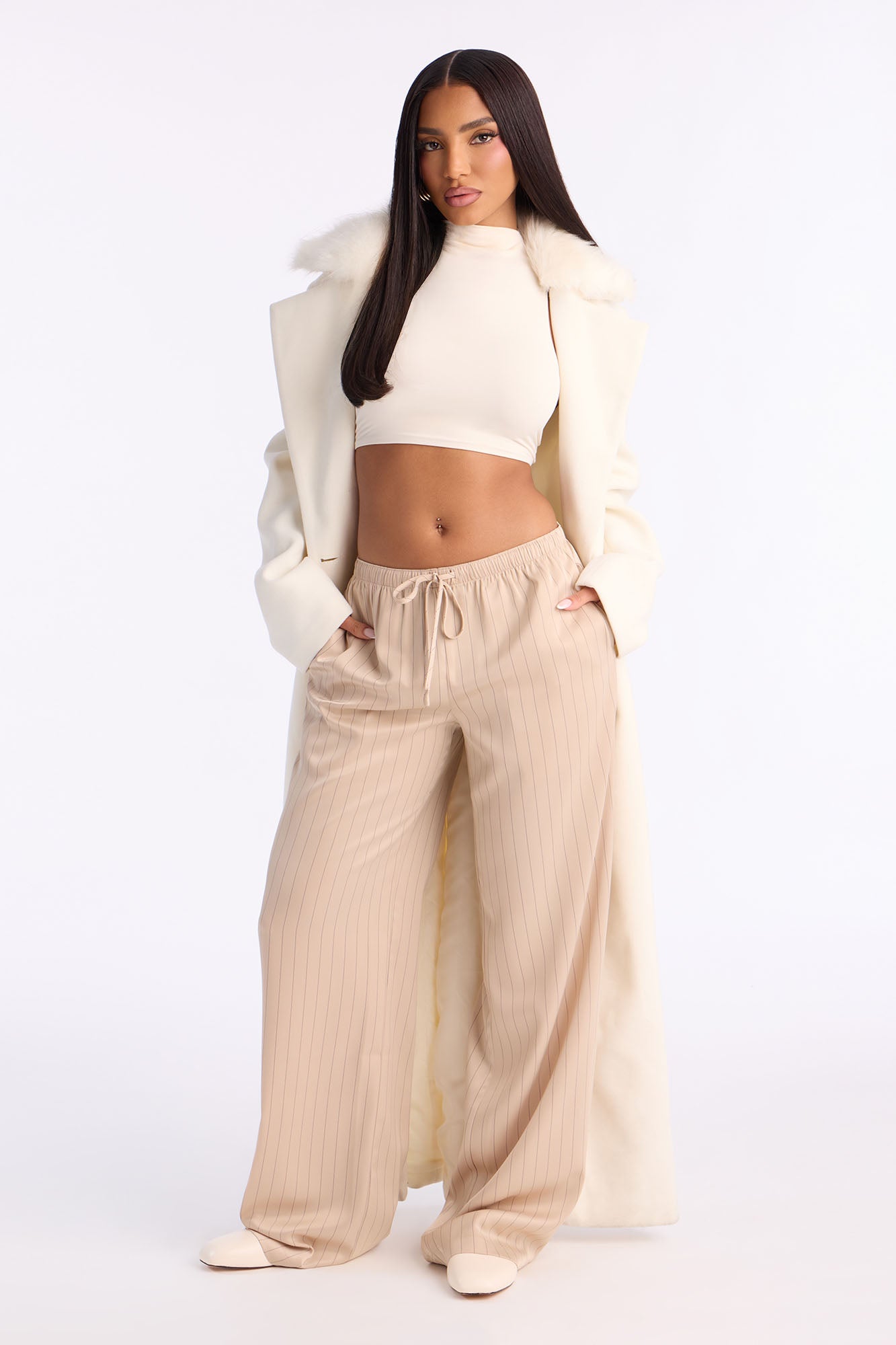 Lulu Pinstripe Satin Wide Leg Pant 32″ - Sand