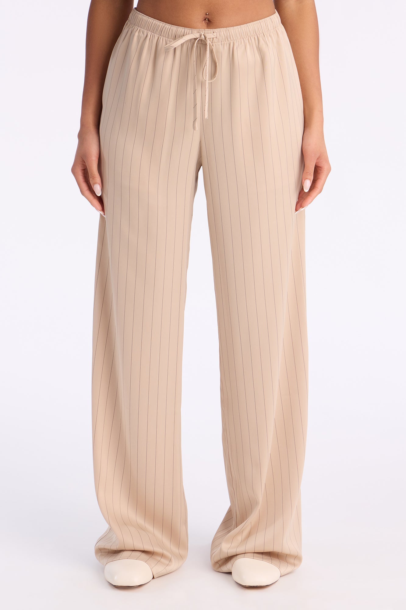 Lulu Pinstripe Satin Wide Leg Pant 32″ - Sand