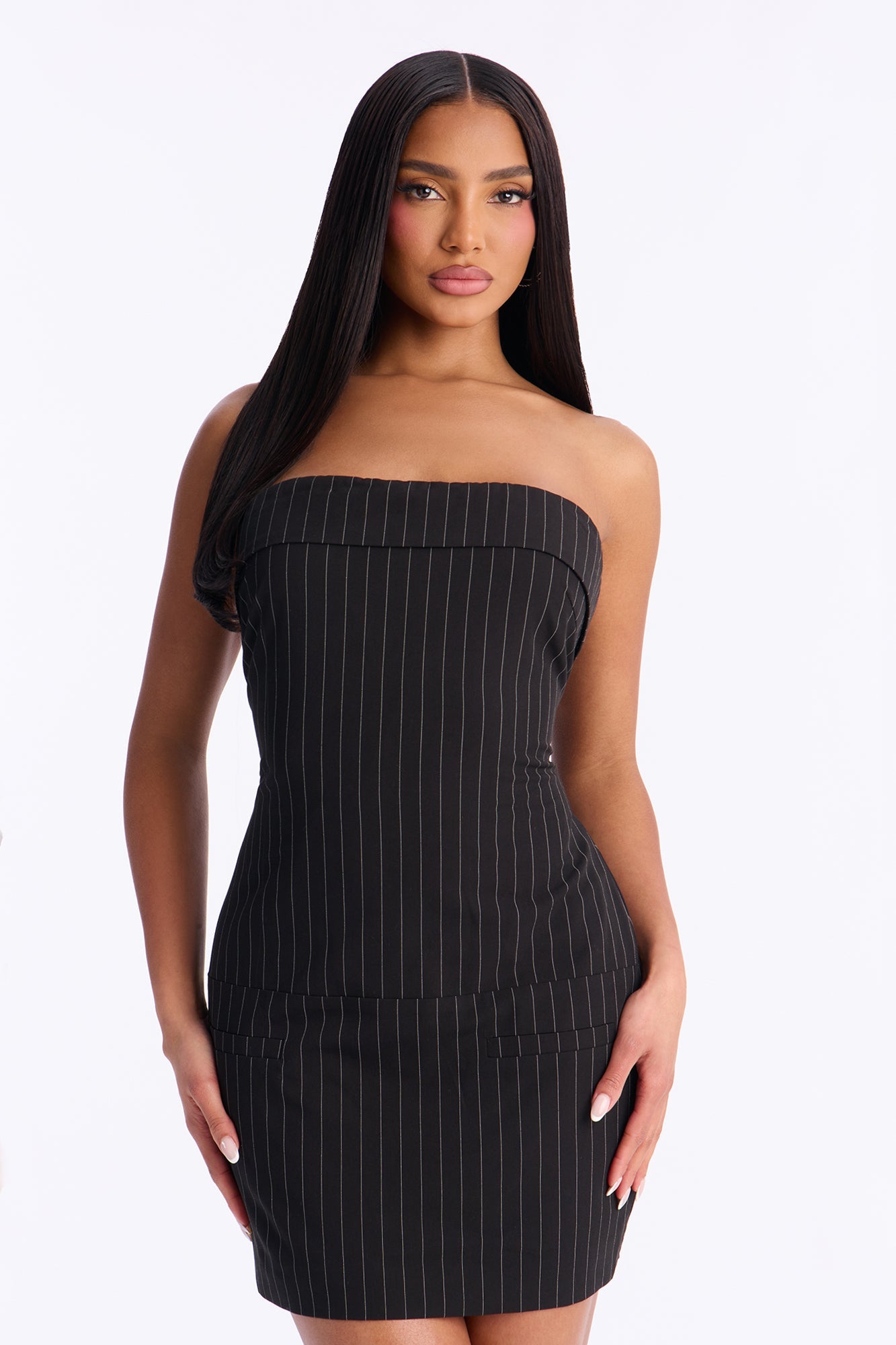 Scarlett Strapless Pinstripe Mini Dress - Black/White