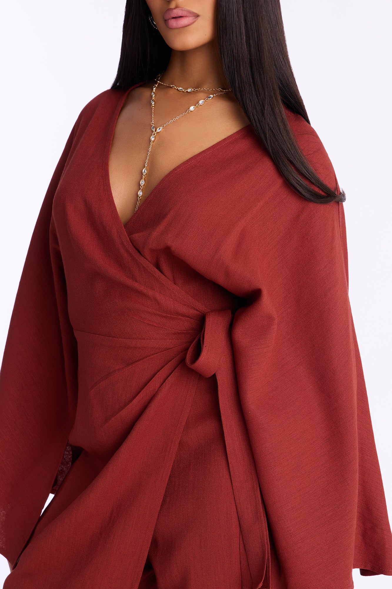 Shantal Long Sleeve Wrap Wide Leg Jumpsuit - Rust