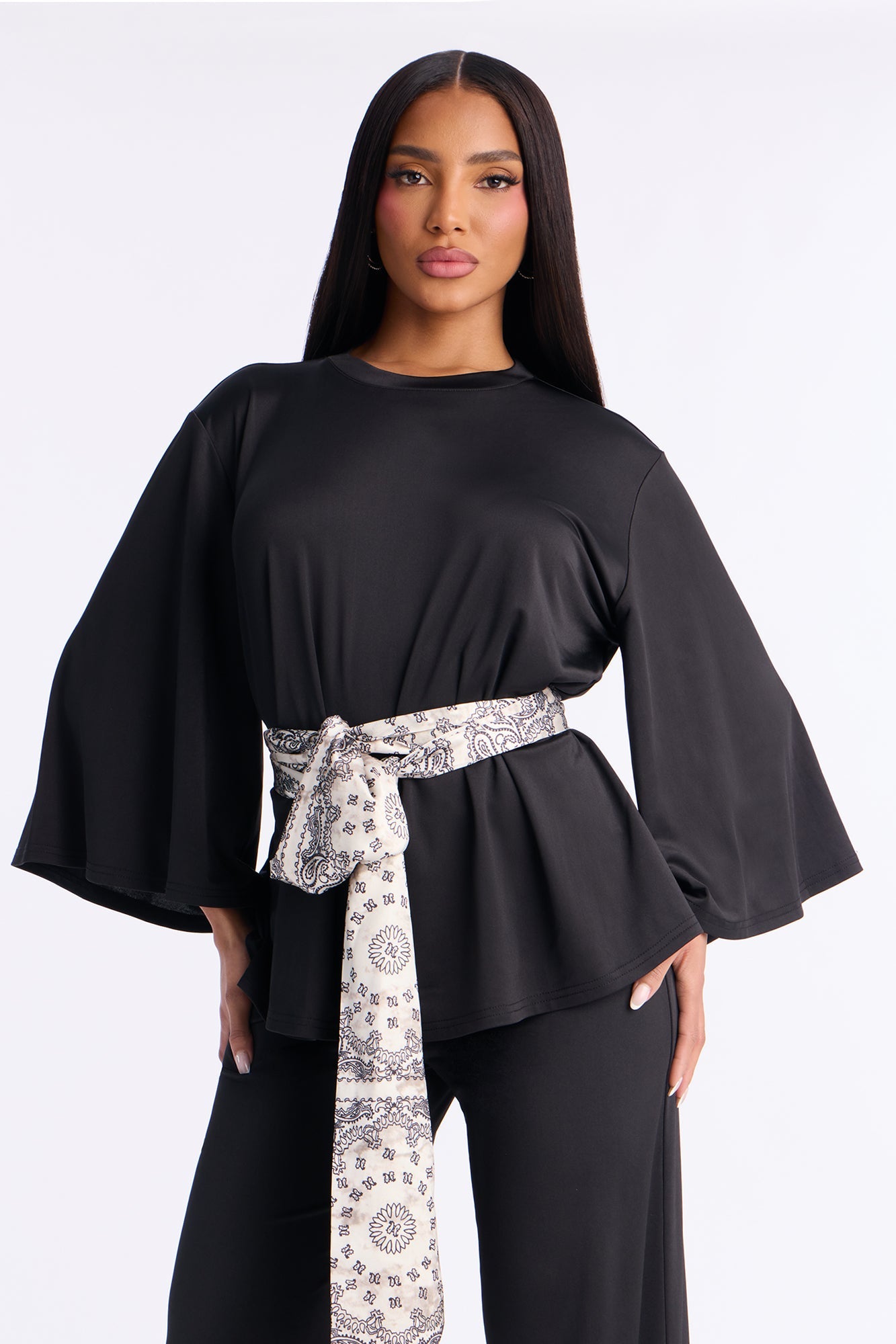 Normani 3 Piece Scarf Belt Pant Set - Black