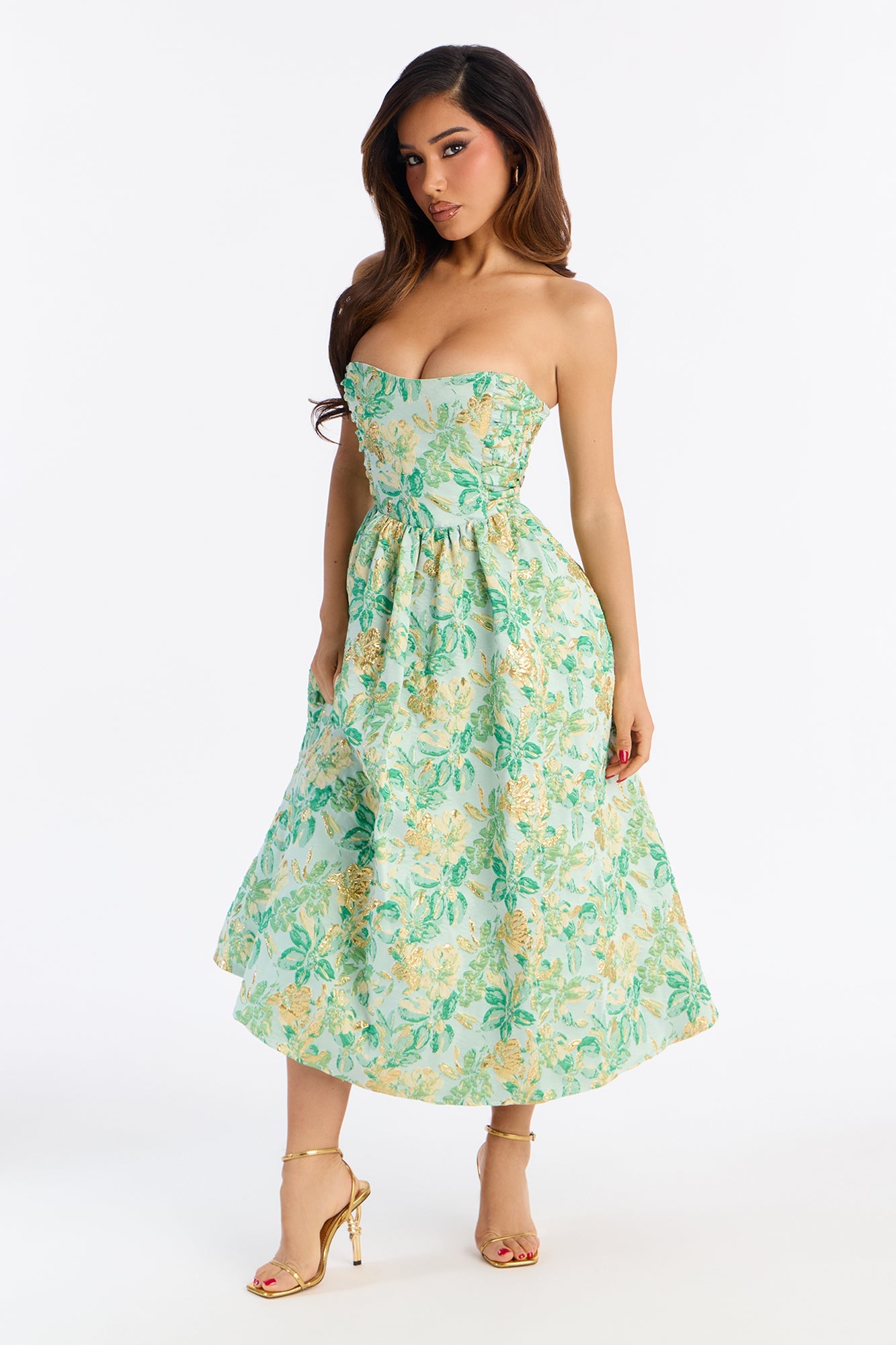 Sweet Like Me Glitter Floral Jacquard Midi Dress - Green