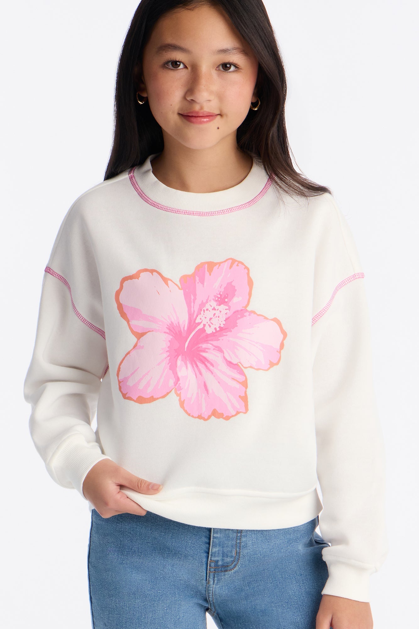 Mini Lovely Flower Crew Neck Sweatshirt - White