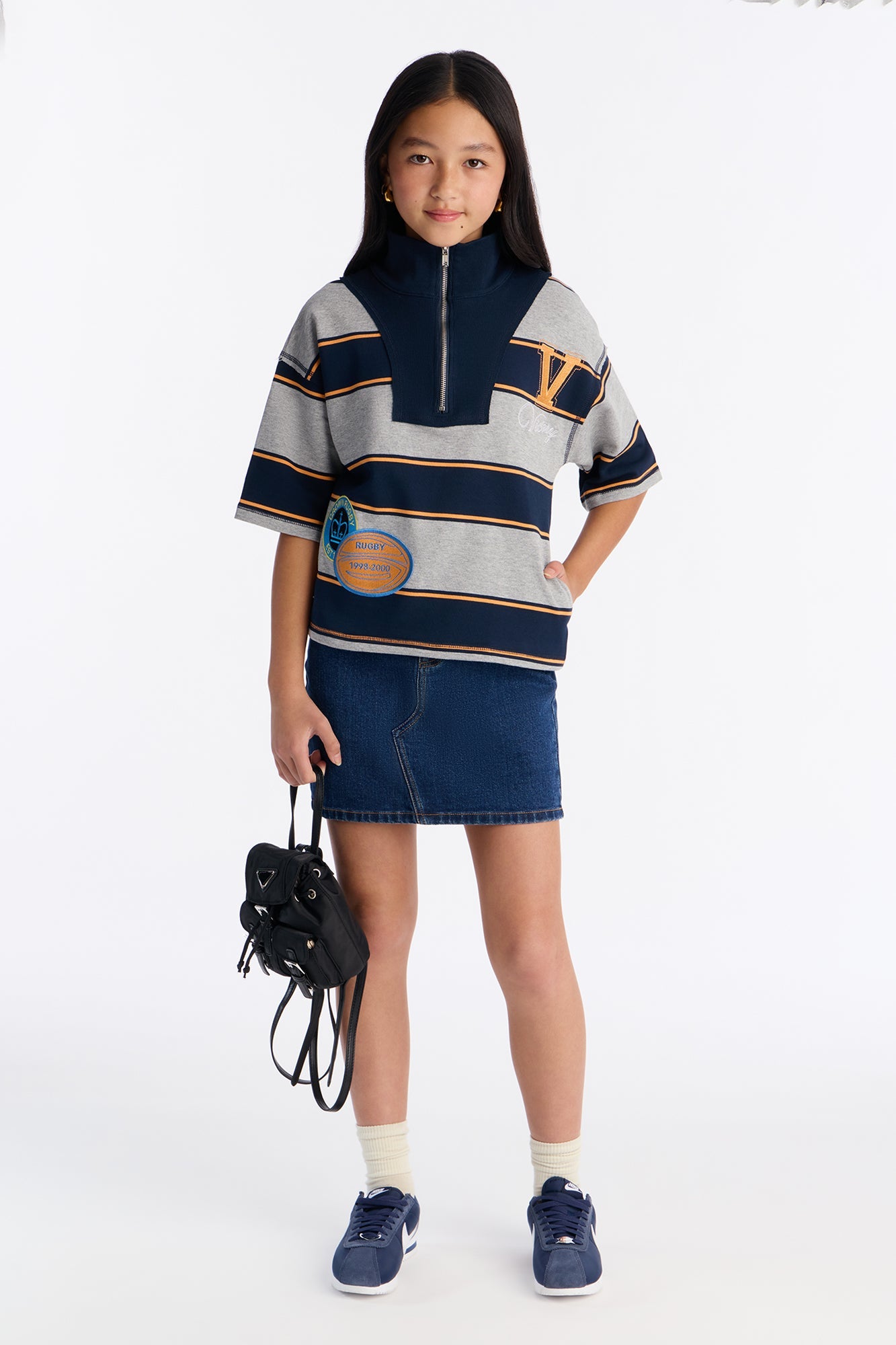 Mini Crown Rugby Striped Quarter Zip Top - Navy/combo