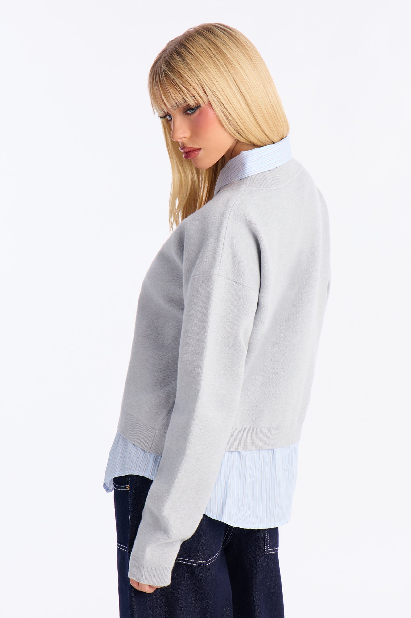 Office Vibes Set-In Poplin Sweater - Grey/combo