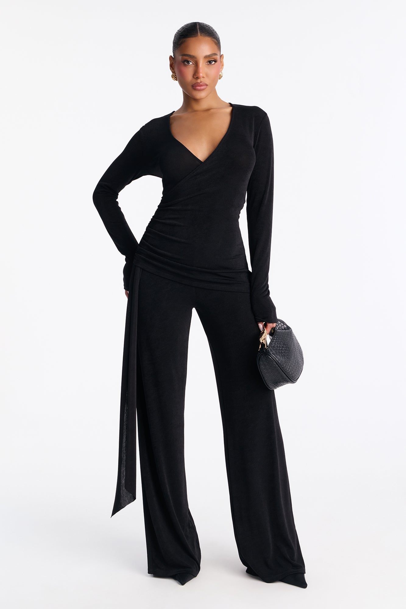 Zoe Wrap Draped Wide Leg Jumpsuit - Black