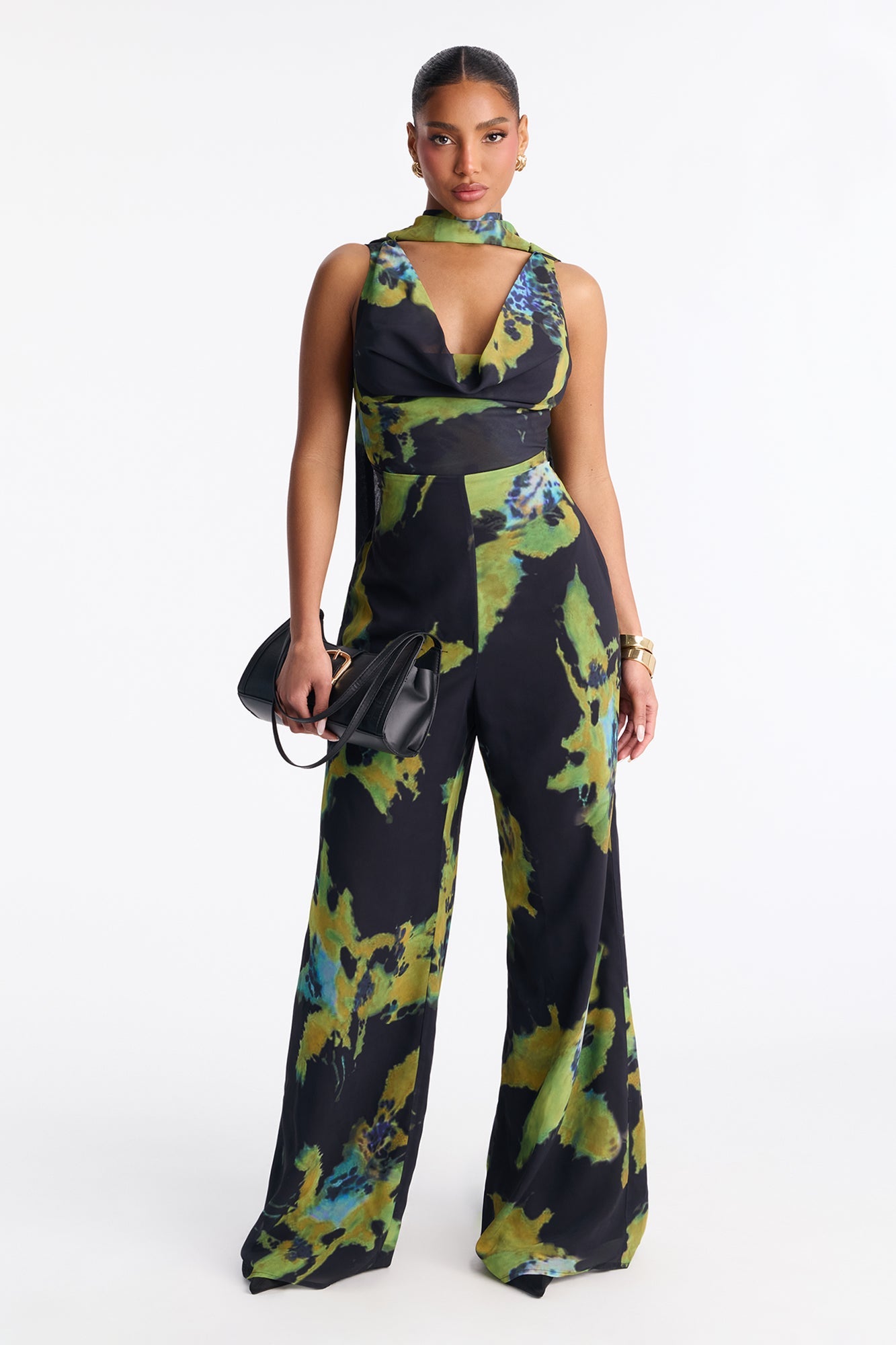 Carli Chiffon Cowl Neck Jumpsuit - Black/Green