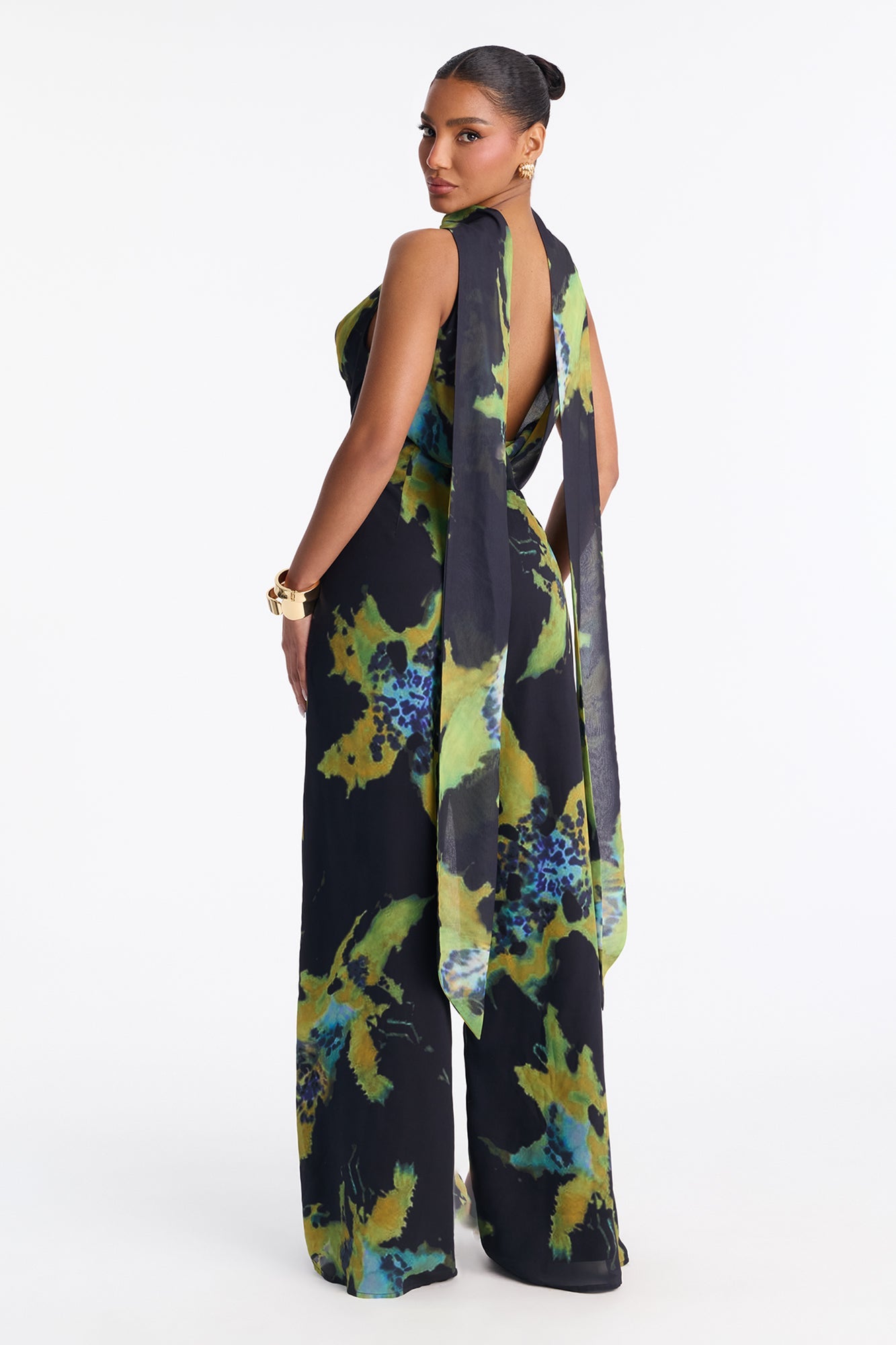 Carli Chiffon Cowl Neck Jumpsuit - Black/Green