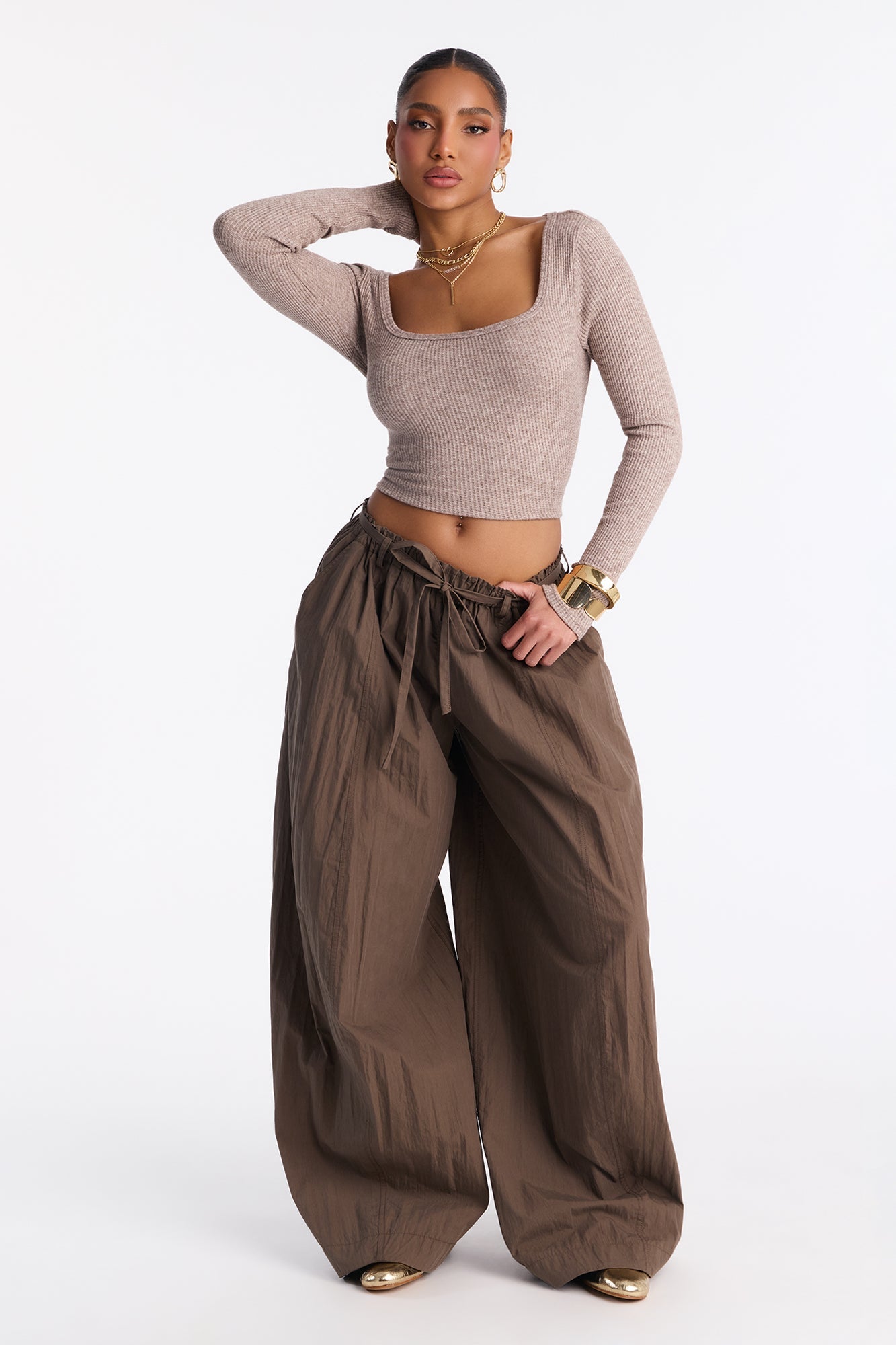 Rush Hour Tie Waist Windbreaker Pant 33″ - Chocolate