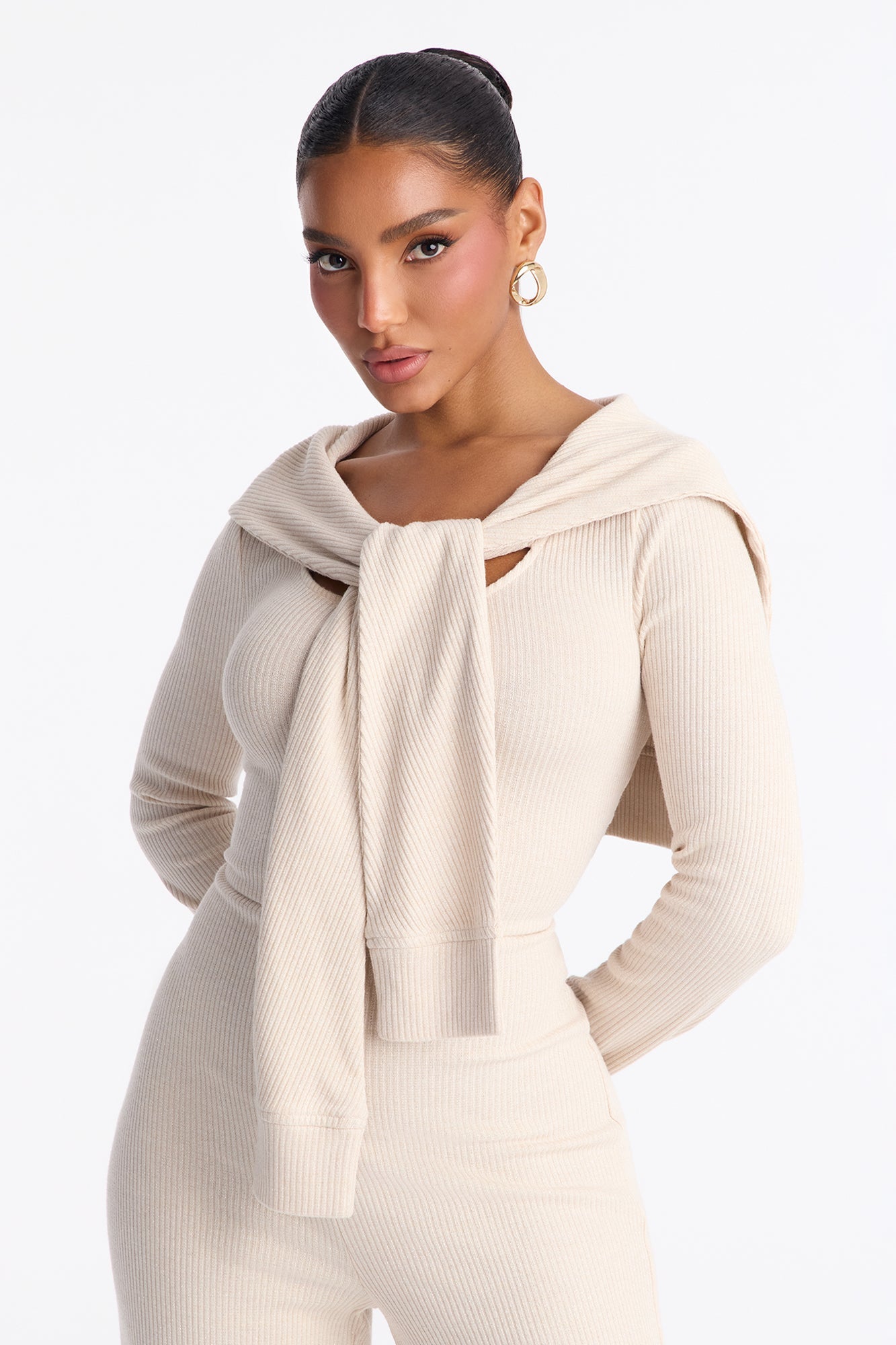 Taylor Layered Flare Leg Knit Jumpsuit - Beige