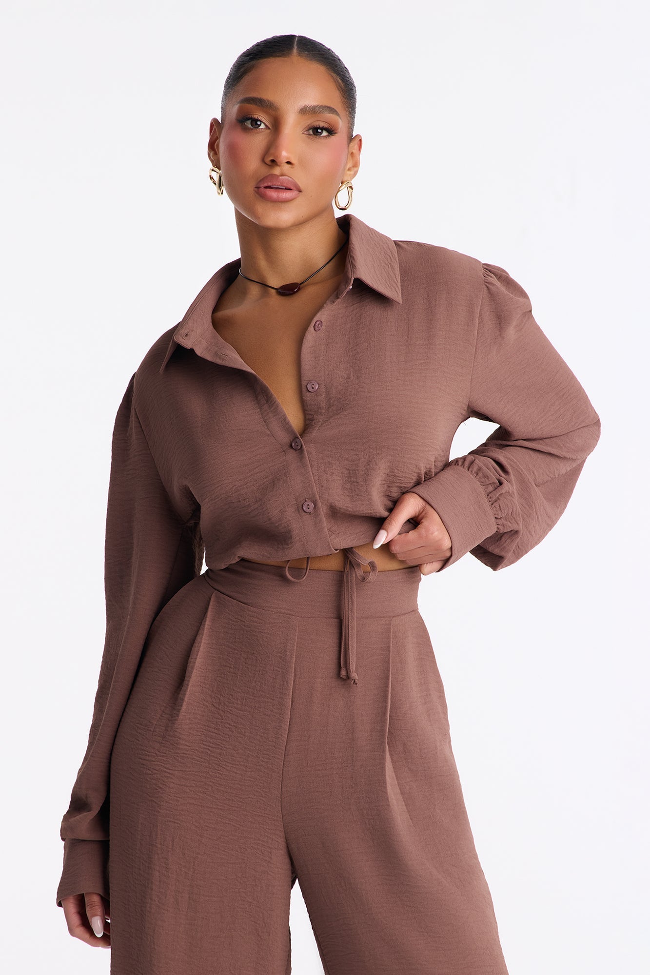 Katya Collar Pant Set - Mocha