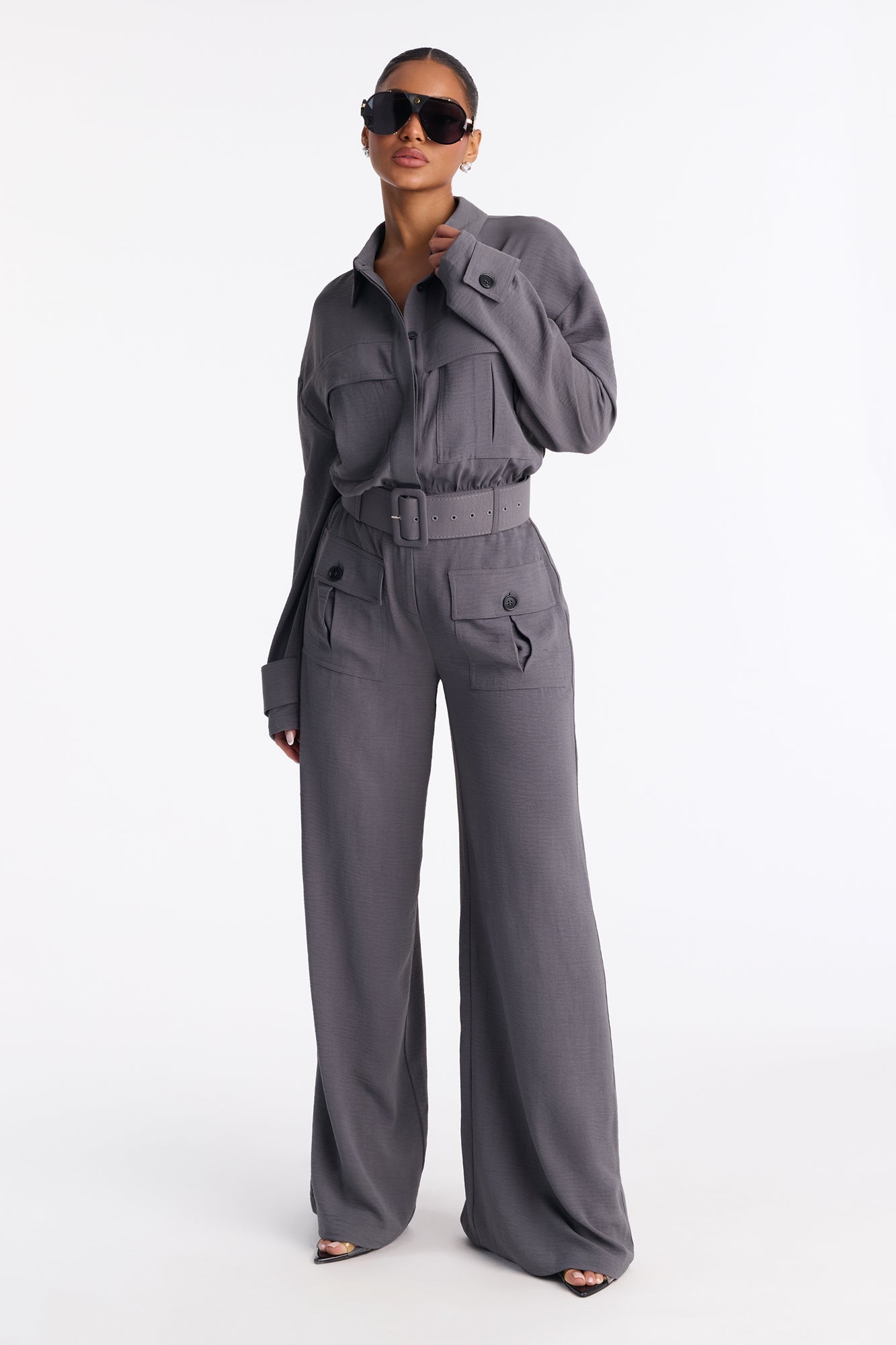 Mia Utility Belted Wide Leg Jumpsuit - Charcoal