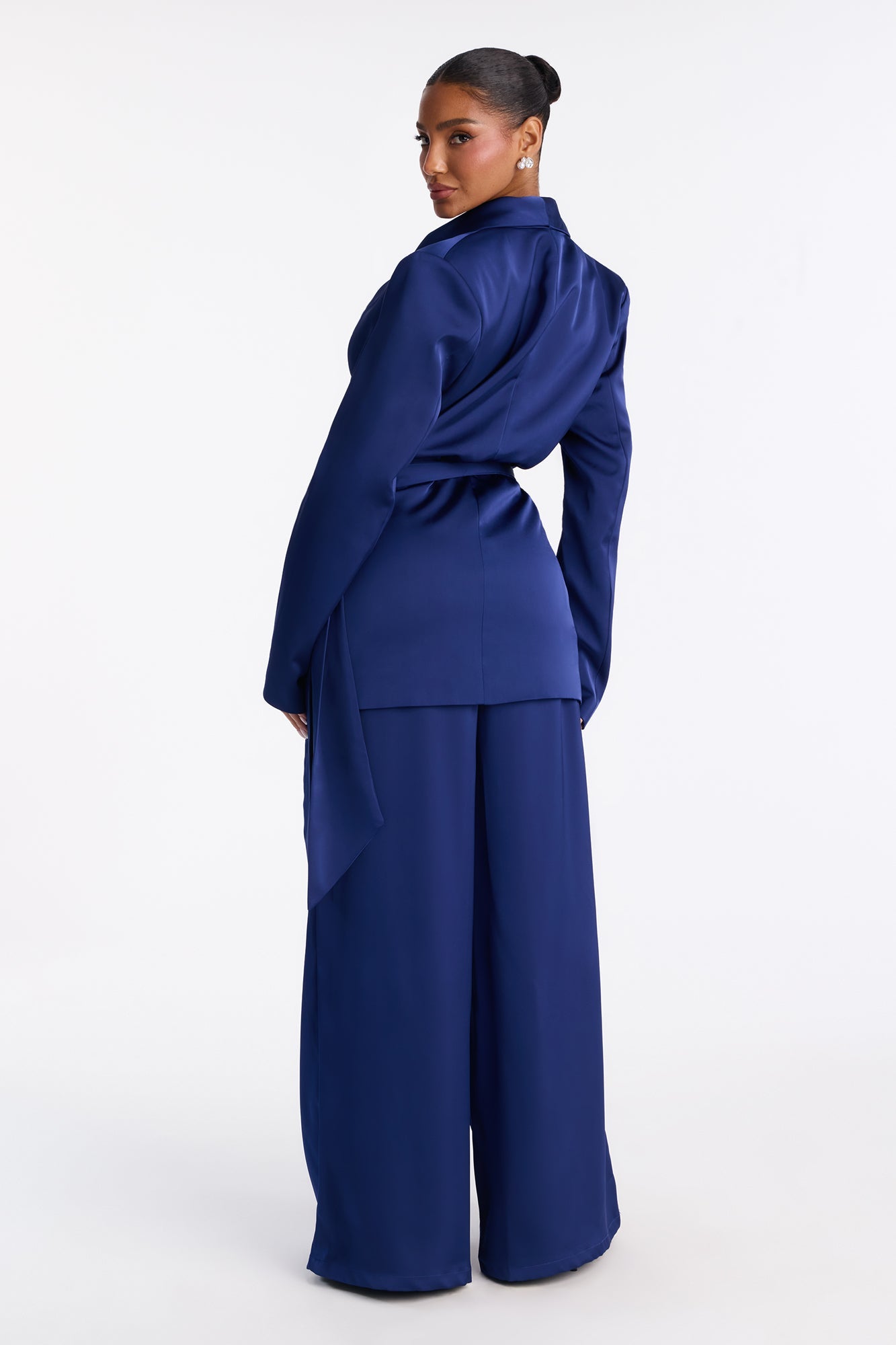 Wrap It Up Satin Blazer Pant Set - Navy