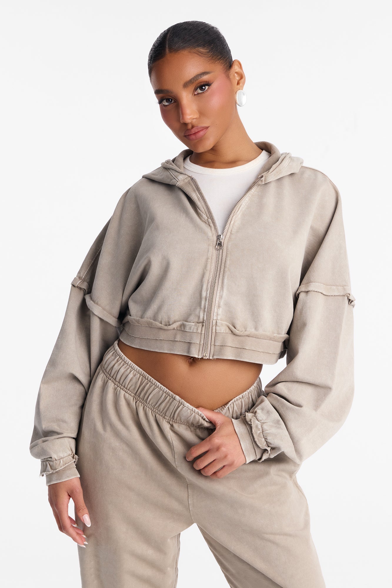 Keep It Cute Cropped Sweatshirt Zip Up - Stone