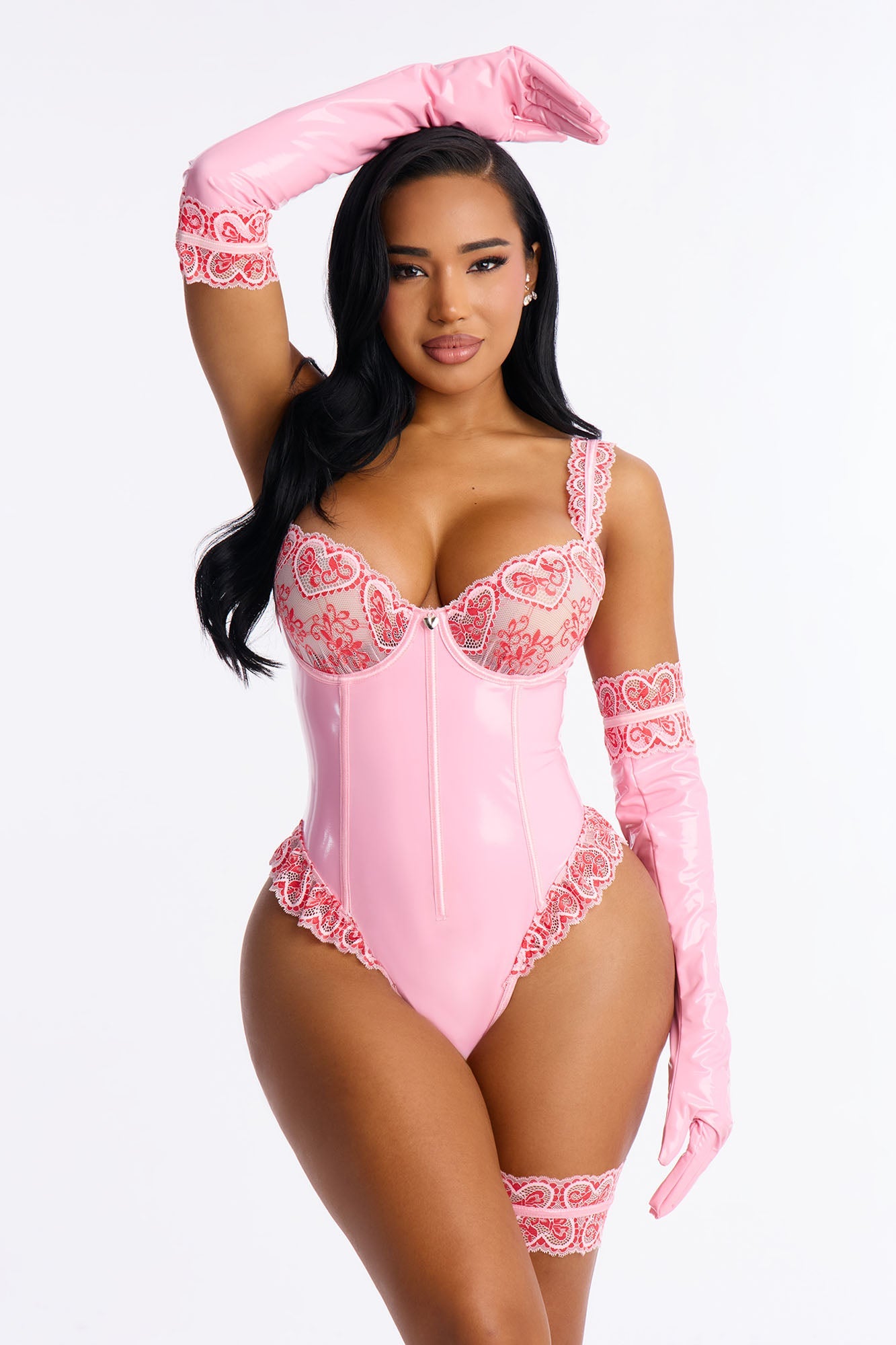 Everything Is Love 3 Piece Vinyl Lace Teddy And Garter With Gloves Set - Pink