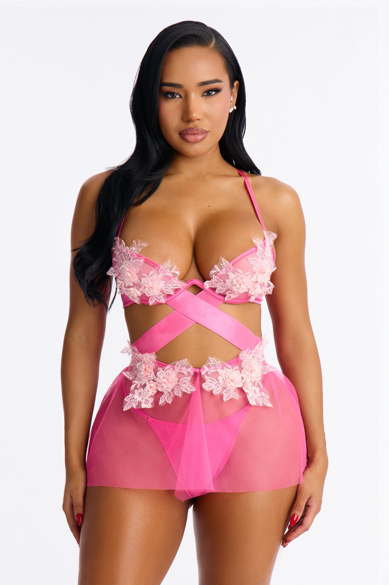 Sweet Surrender Mesh Embroidered Babydoll - Hot Pink