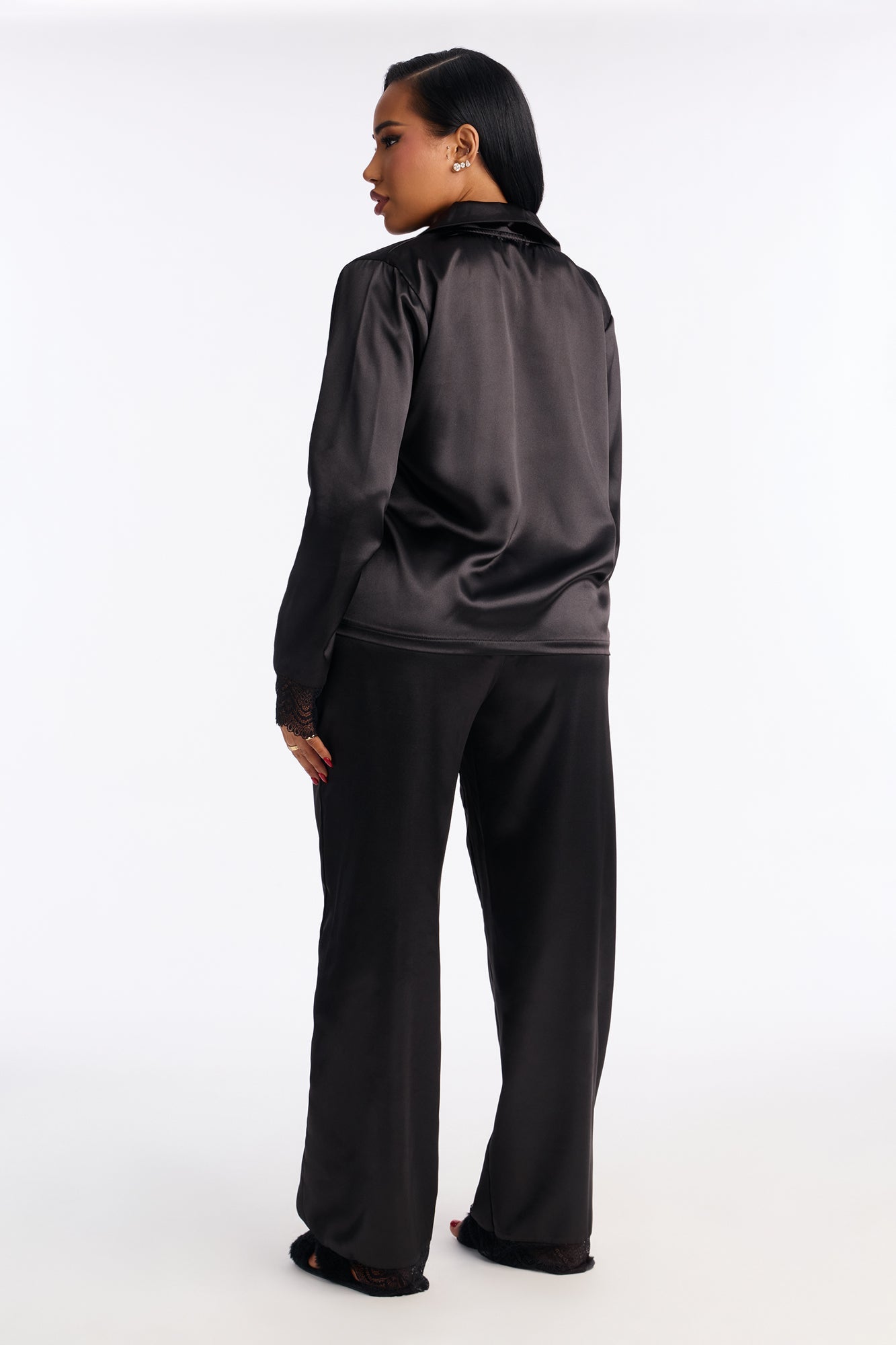 Getting Sleepy Satin Lace Trim Long Sleeve PJ Pant Set - Black