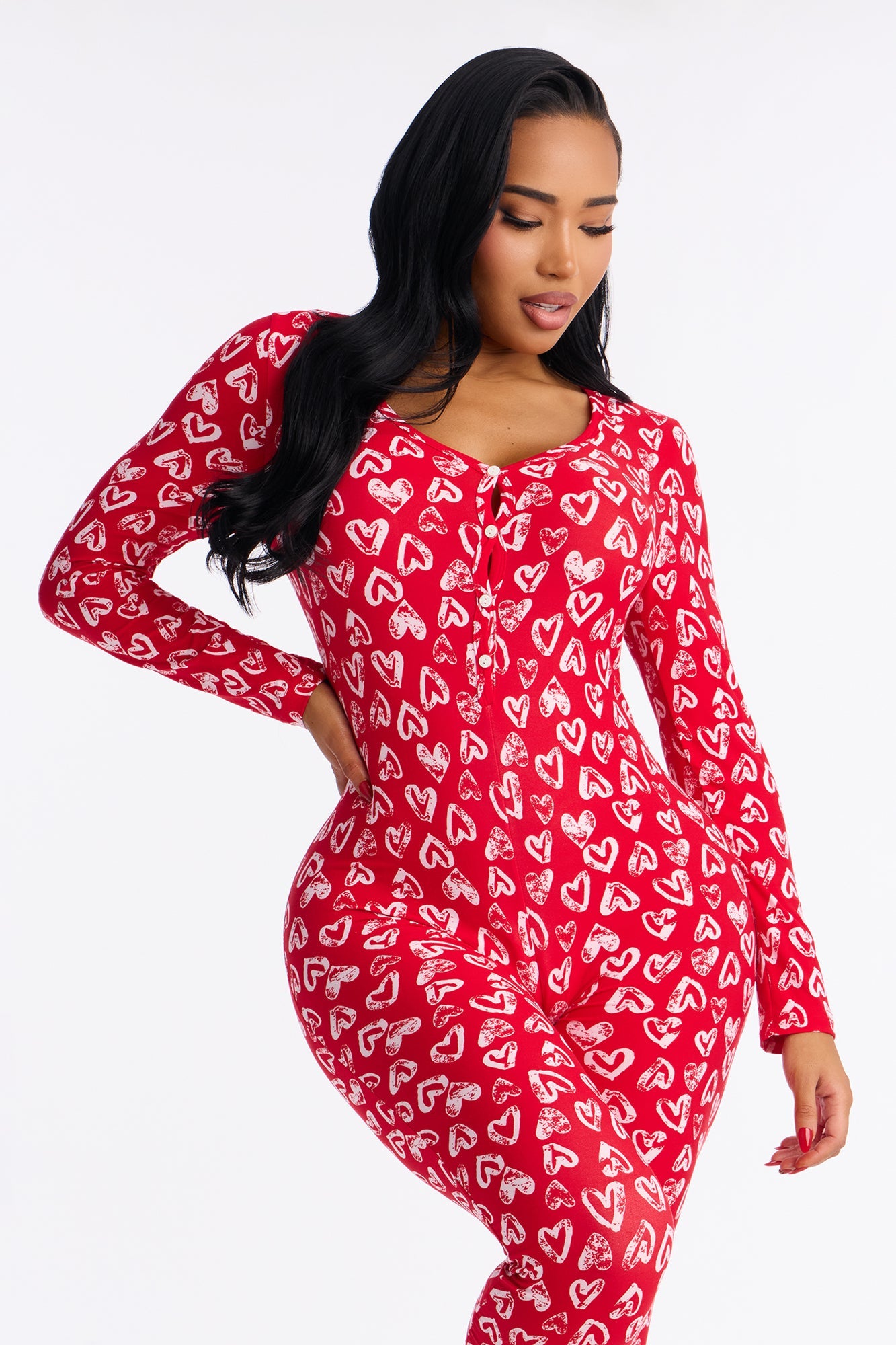 Love Everywhere Long Sleeve PJ Jumpsuit Onesie - Red/White