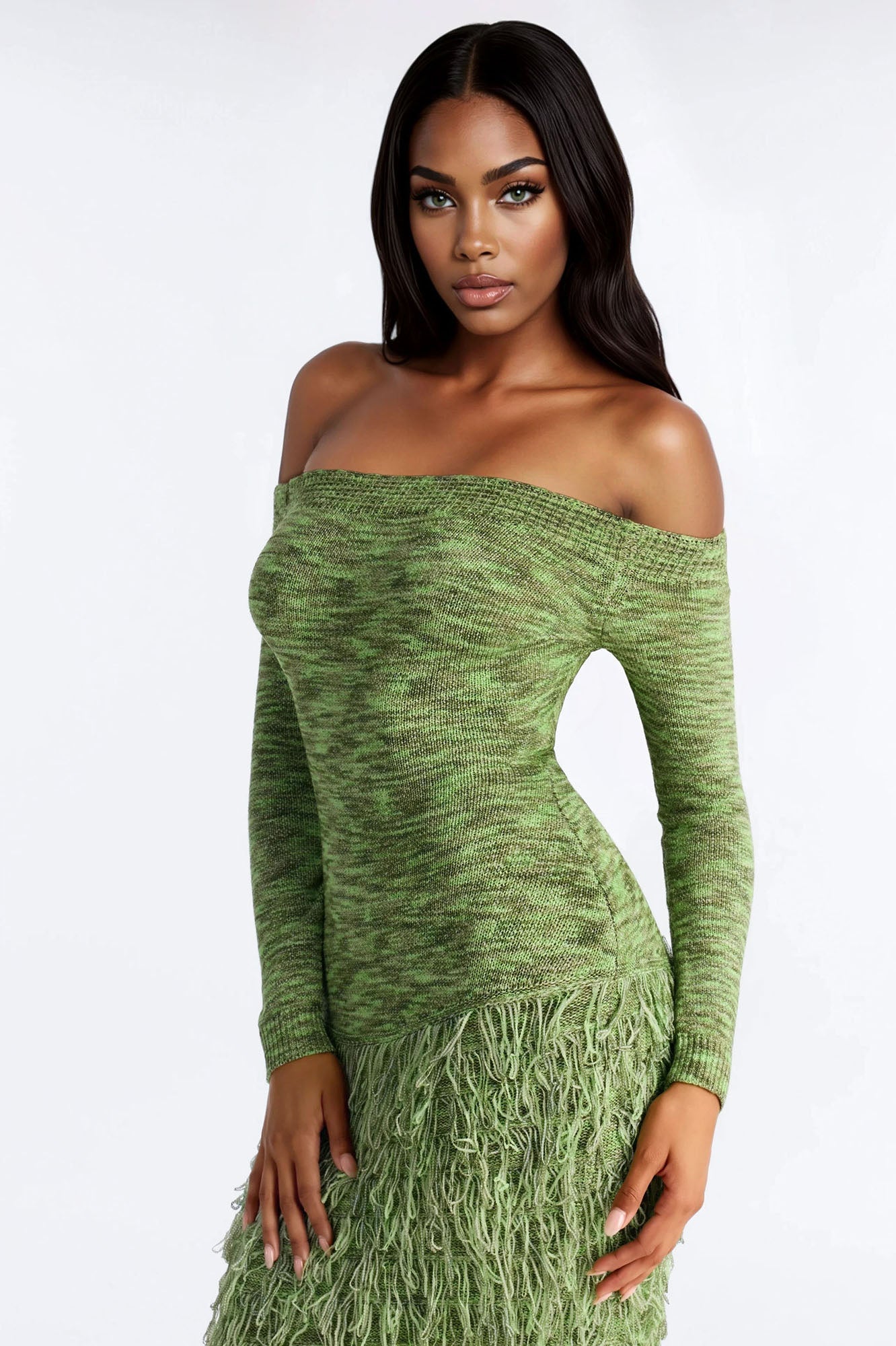 Kimberly Fringe Off Shoulder Sweater Maxi Dress - Green
