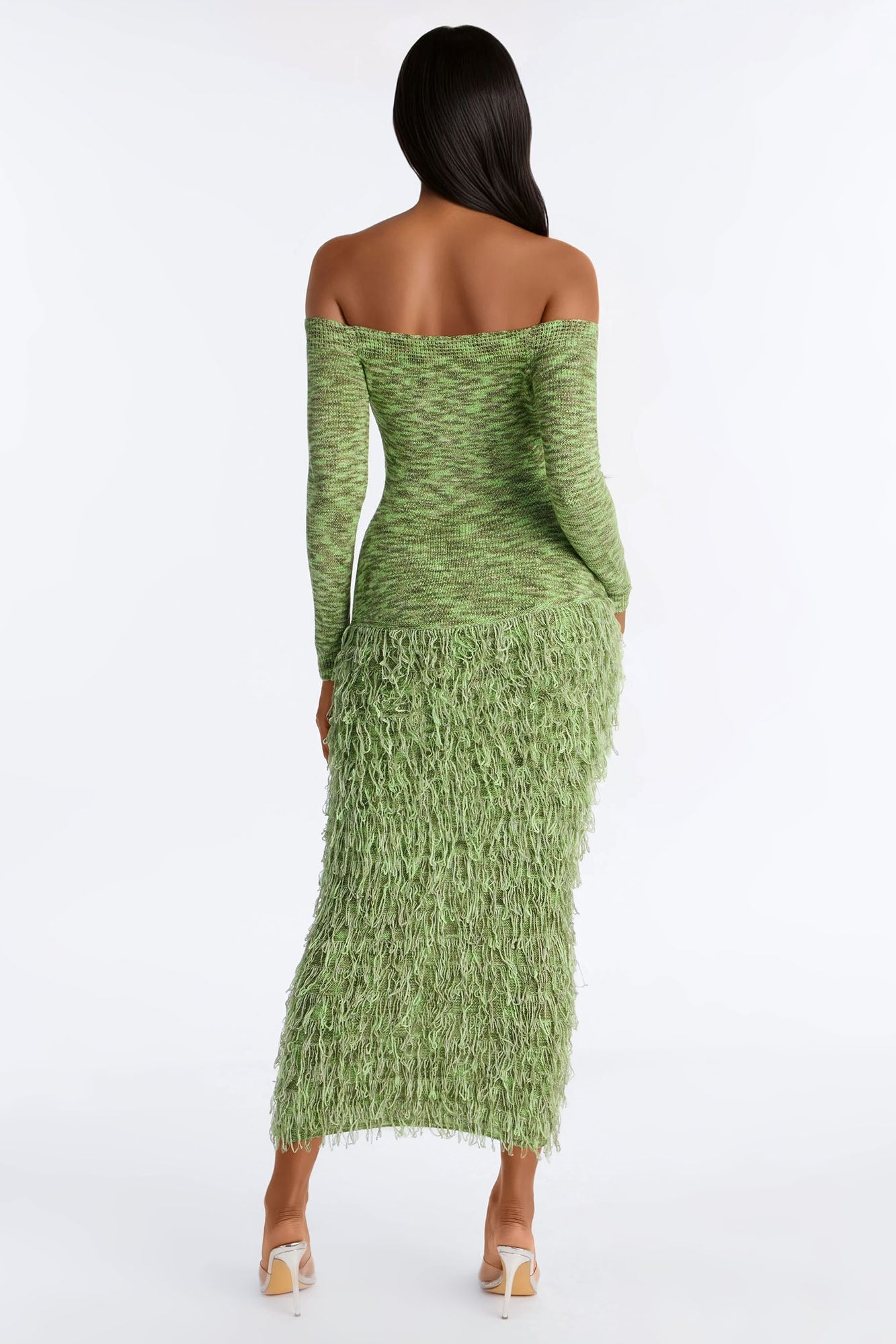 Kimberly Fringe Off Shoulder Sweater Maxi Dress - Green