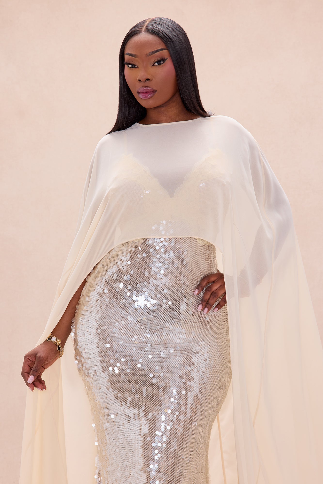 Ophelia Cape Sequin Maxi Dress - Champagne