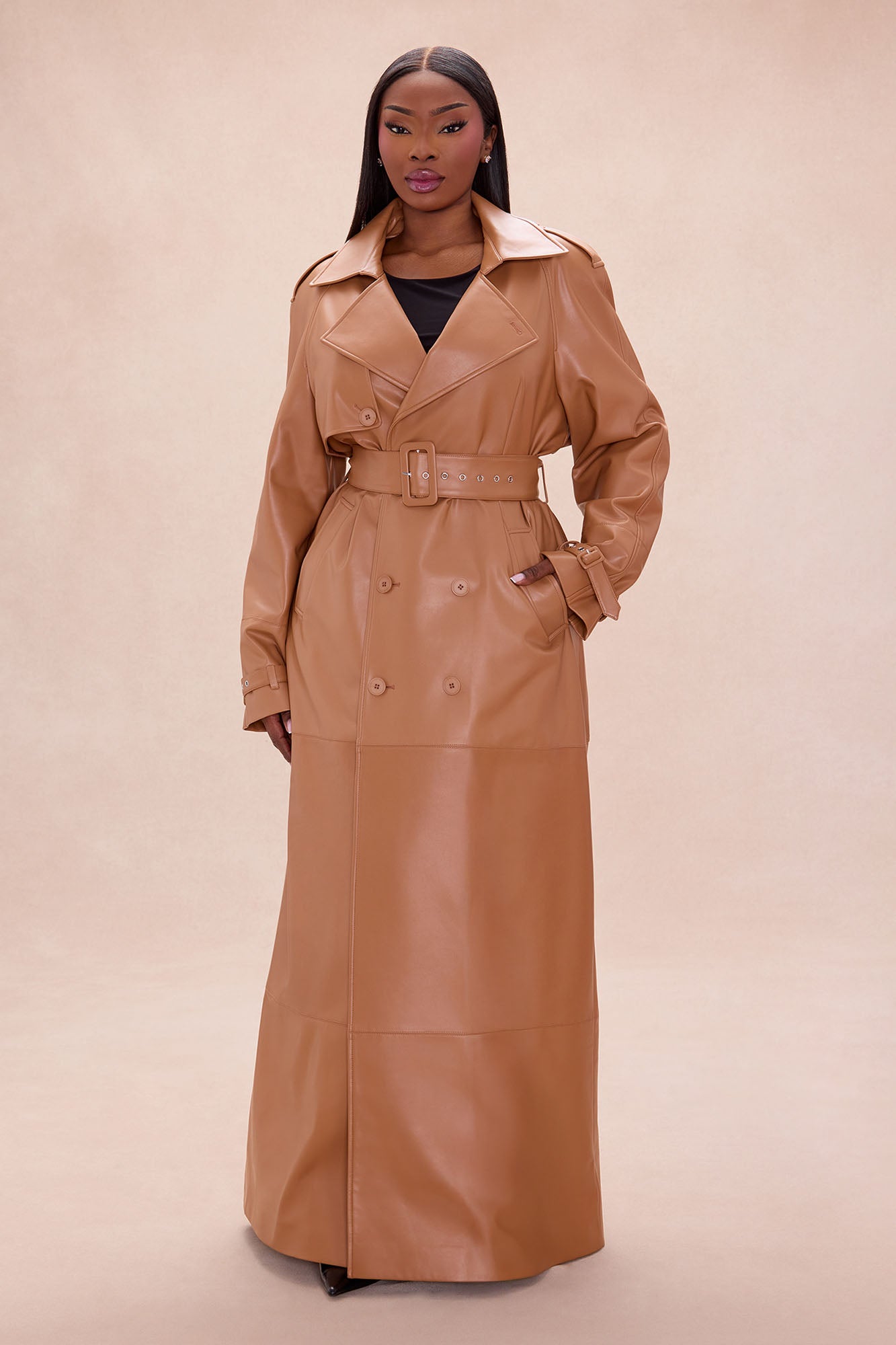 Incognito Belted Faux Leather Coat - Camel