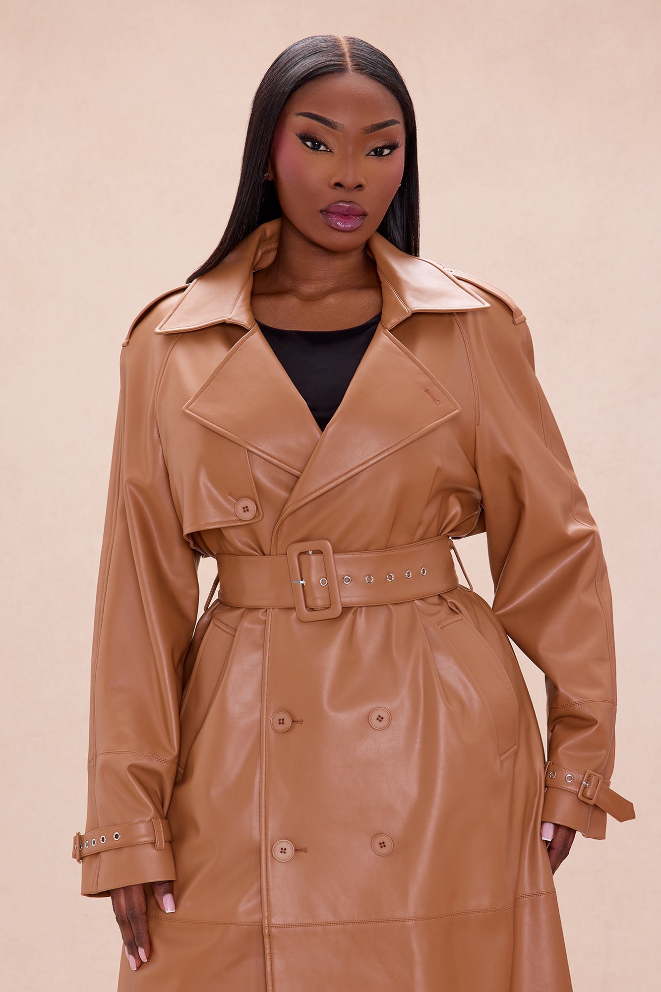 Incognito Belted Faux Leather Coat - Camel