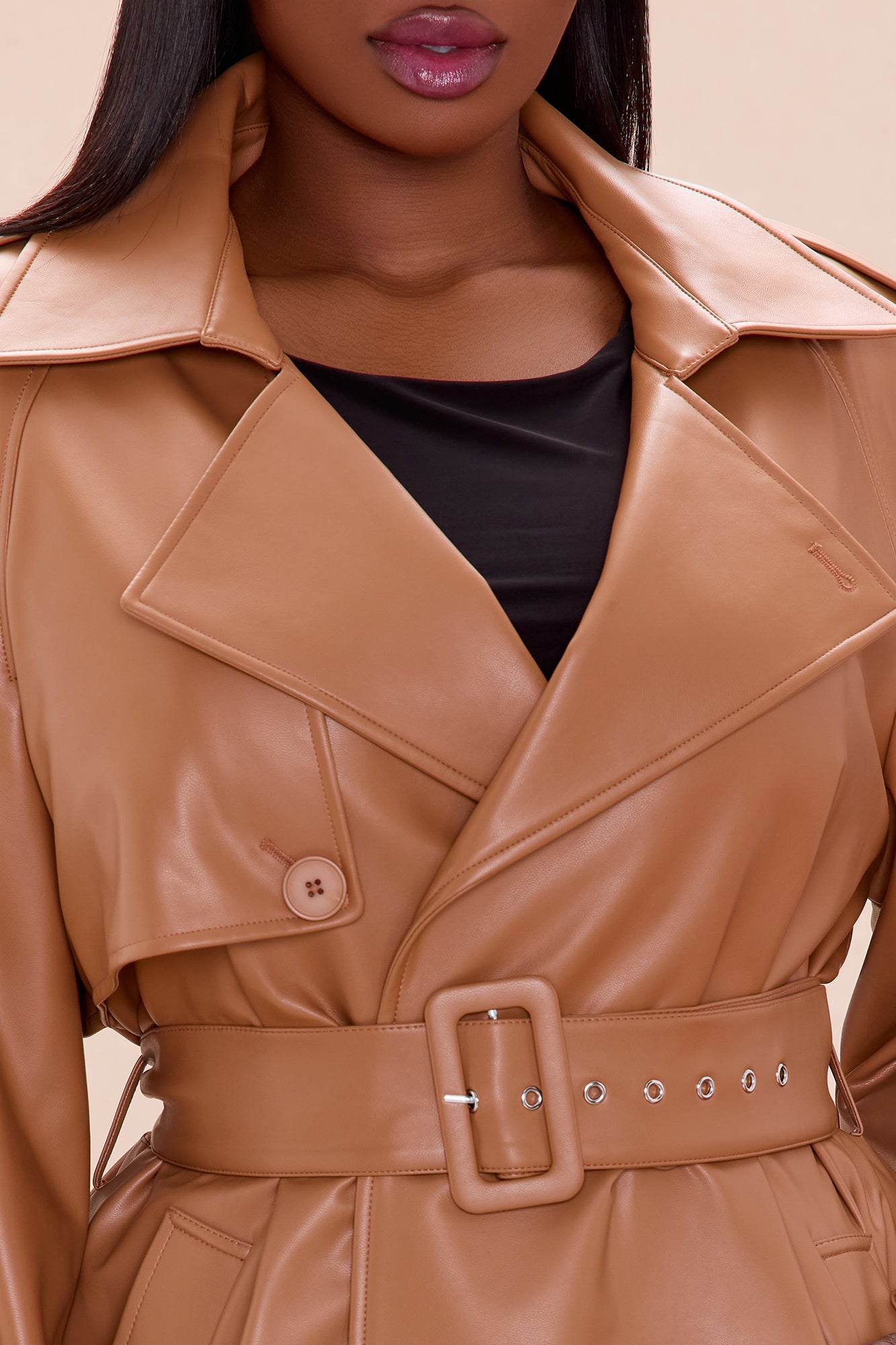 Incognito Belted Faux Leather Coat - Camel