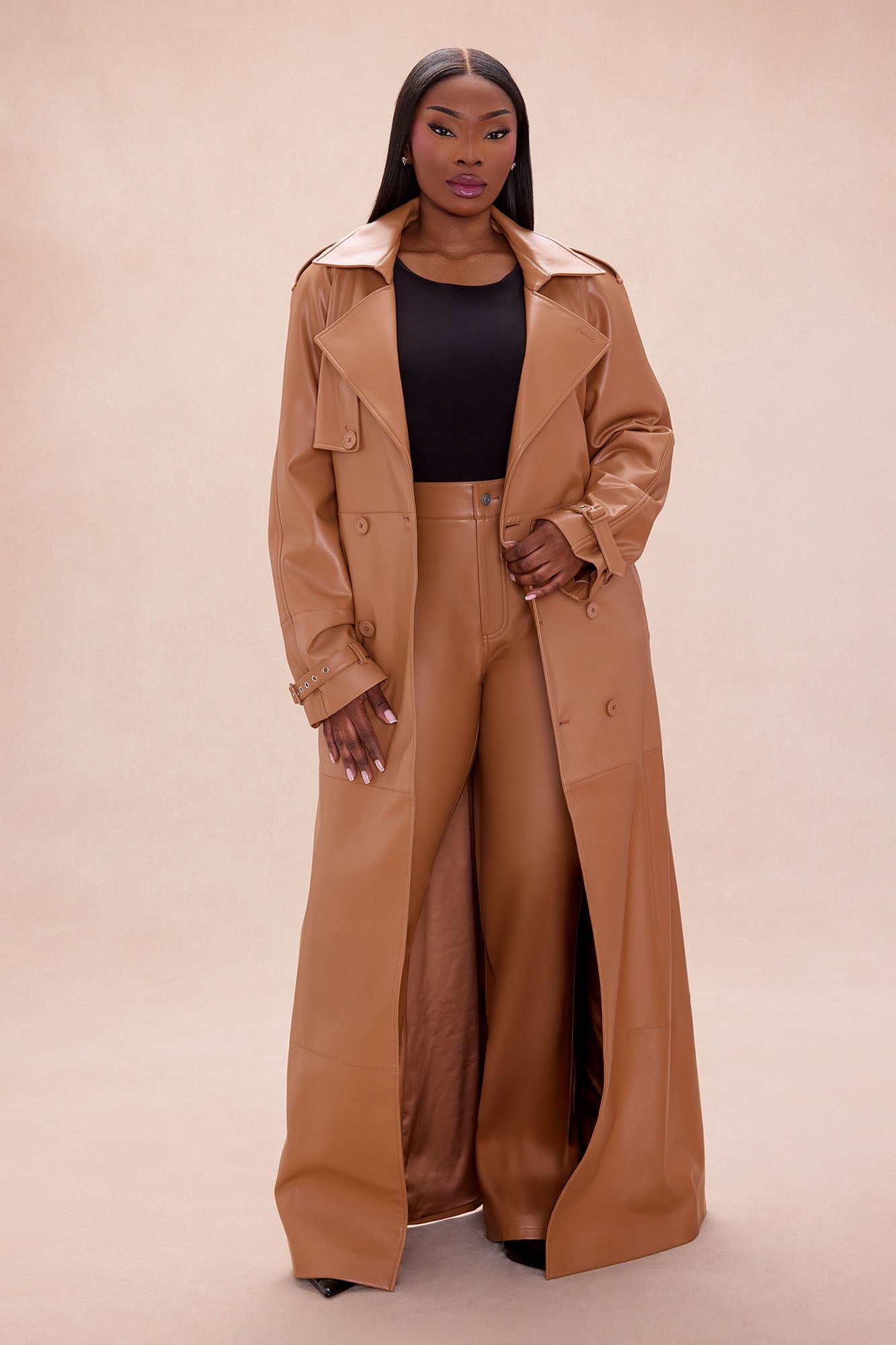 Incognito Belted Faux Leather Coat - Camel