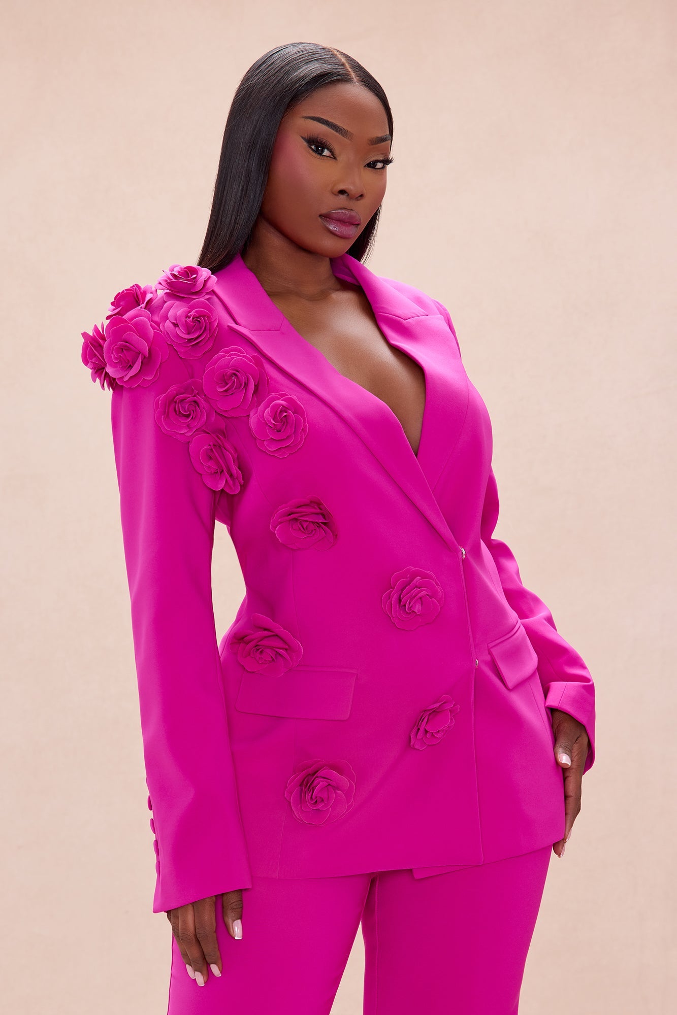 Arden Floral Applique Blazer Pant Set - Hot Pink
