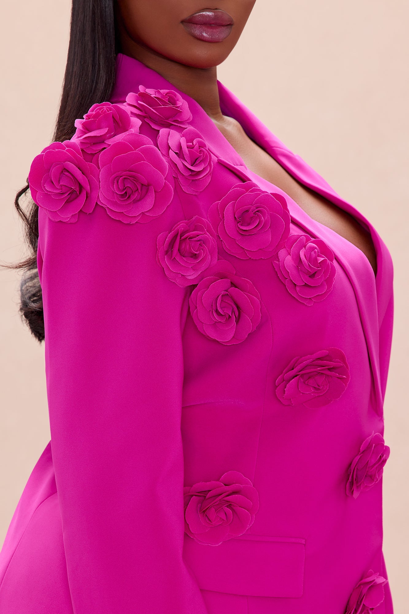 Arden Floral Applique Blazer Pant Set - Hot Pink