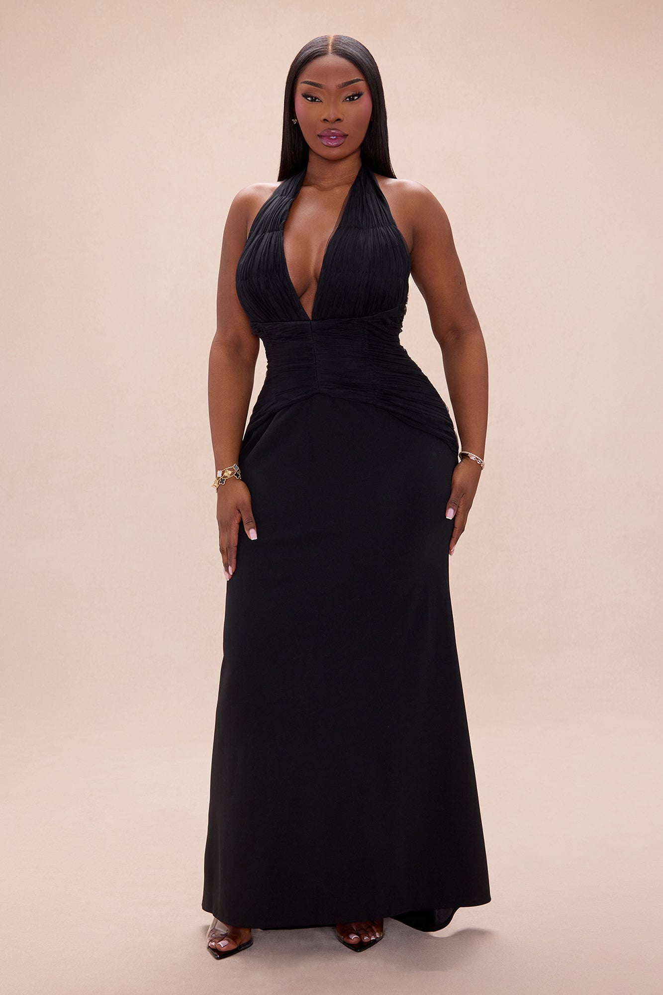 Madeline Ruched Halter Maxi Dress - Black
