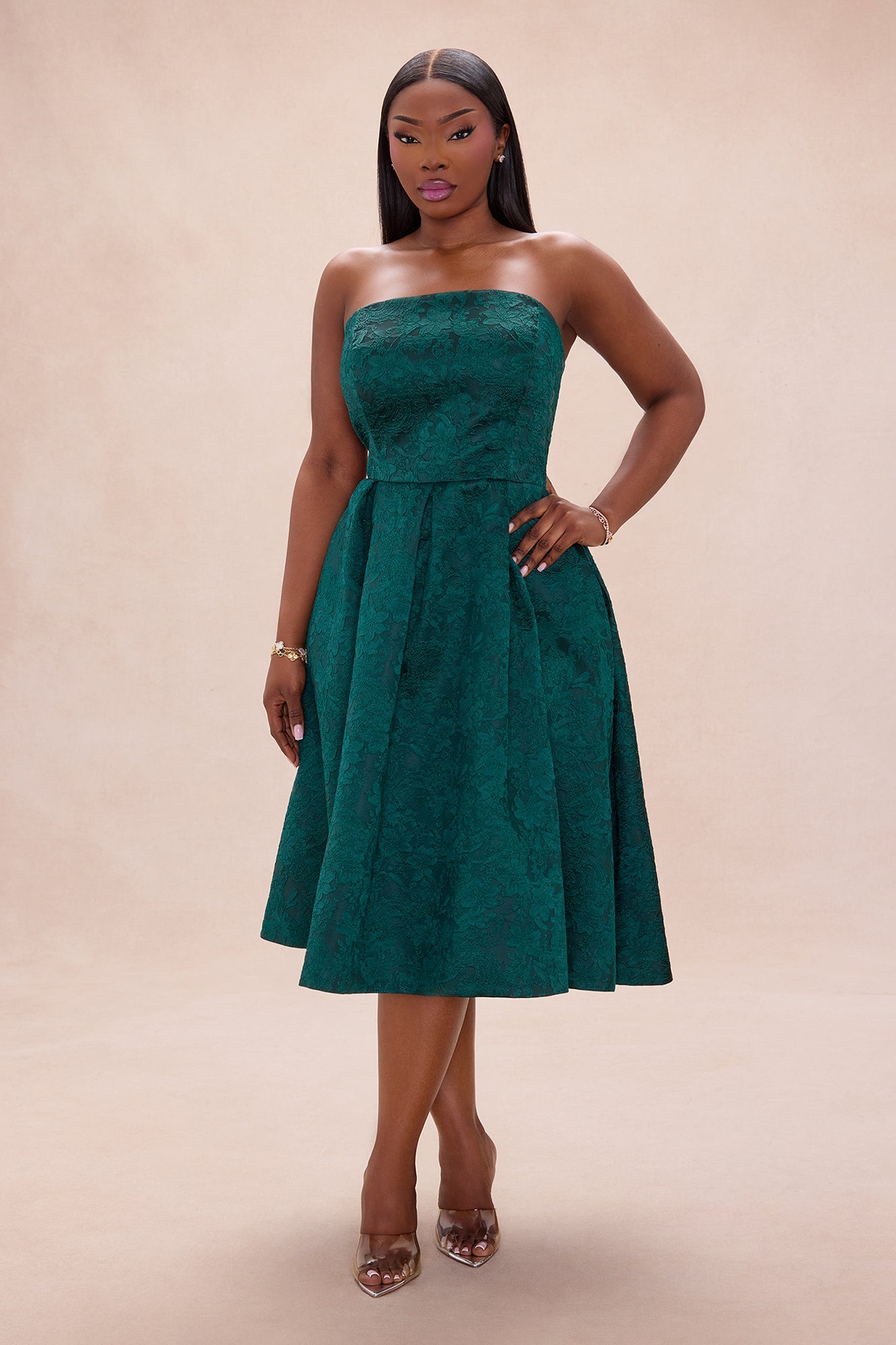 Ashlyn Strapless Jacquard Midi Dress - Hunter