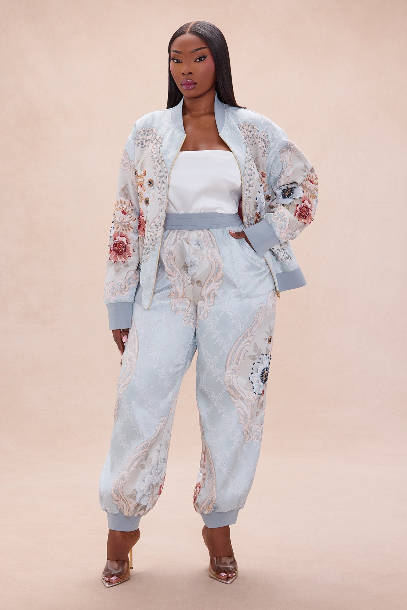 Riannon Embellished Jacquard Pant - Grey