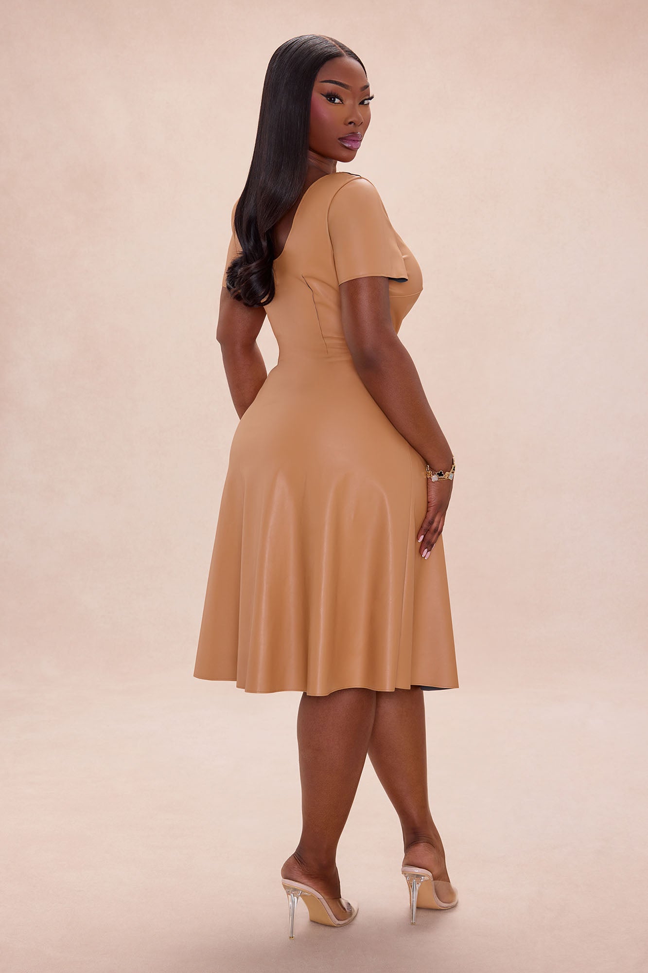 Jaclyn Faux Leather Midi Dress - Camel