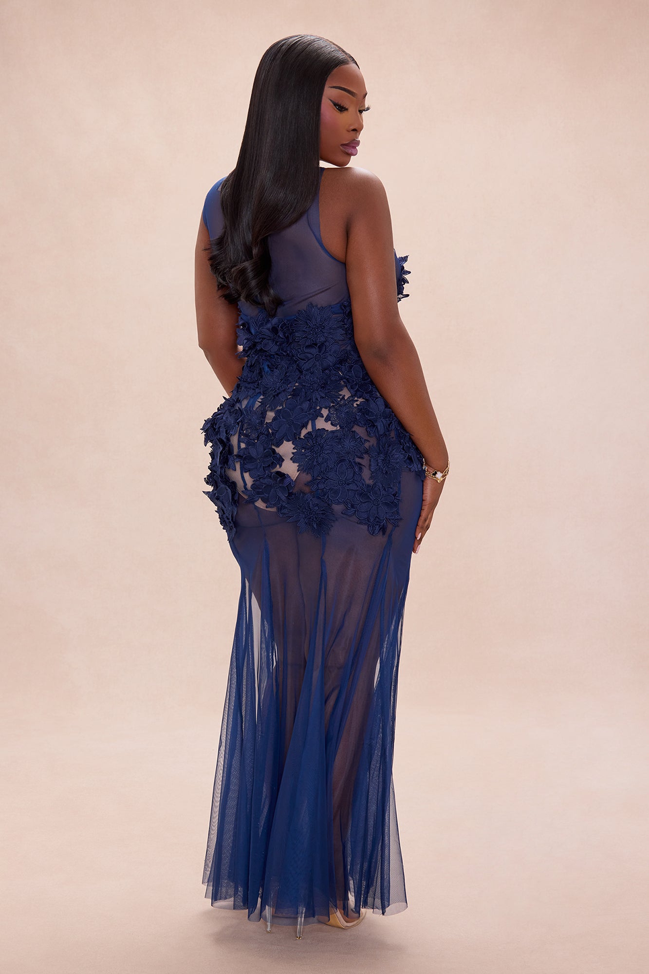 Willow Sheer Embroidered Maxi Dress - Navy
