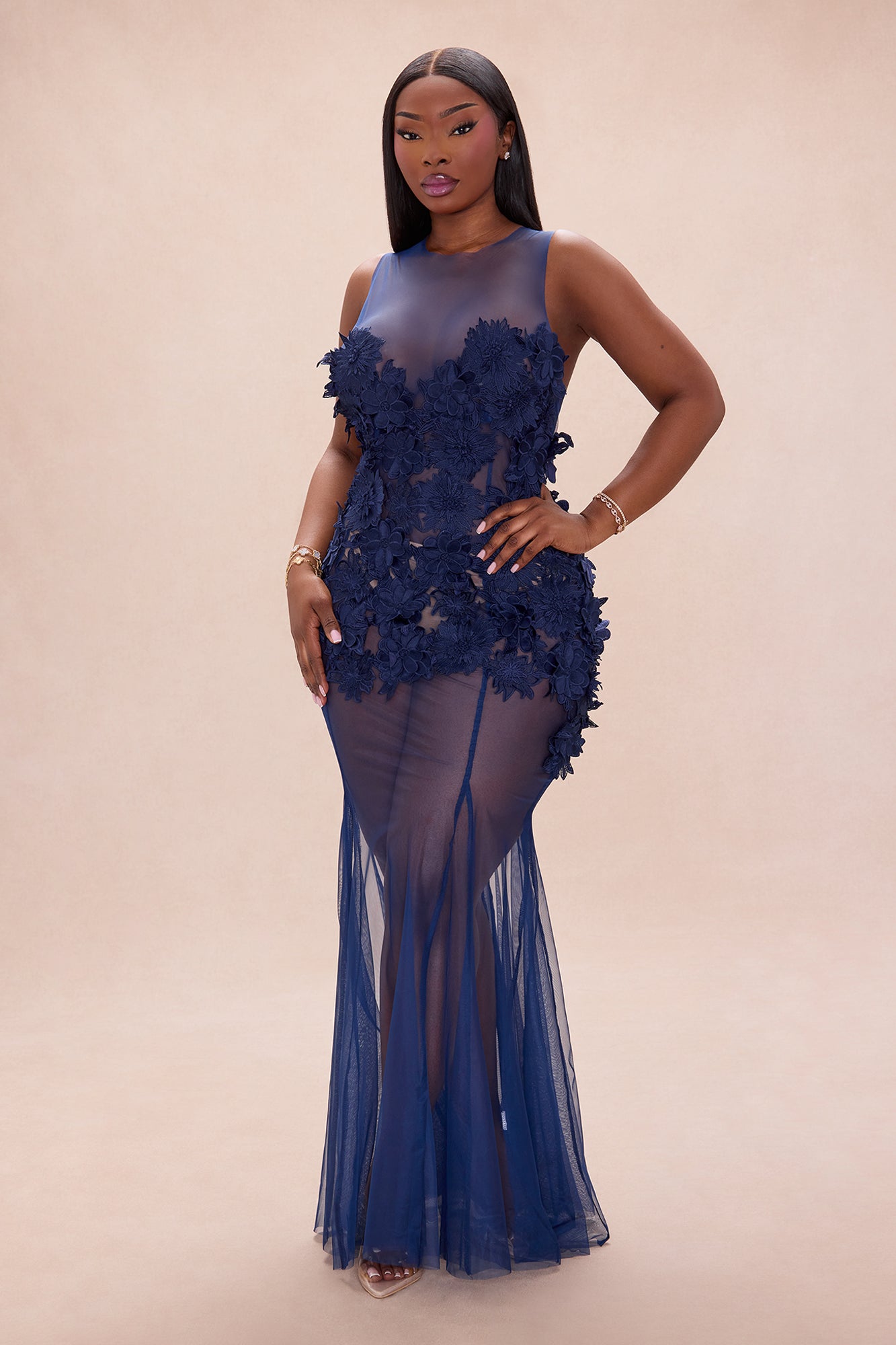 Willow Sheer Embroidered Maxi Dress - Navy
