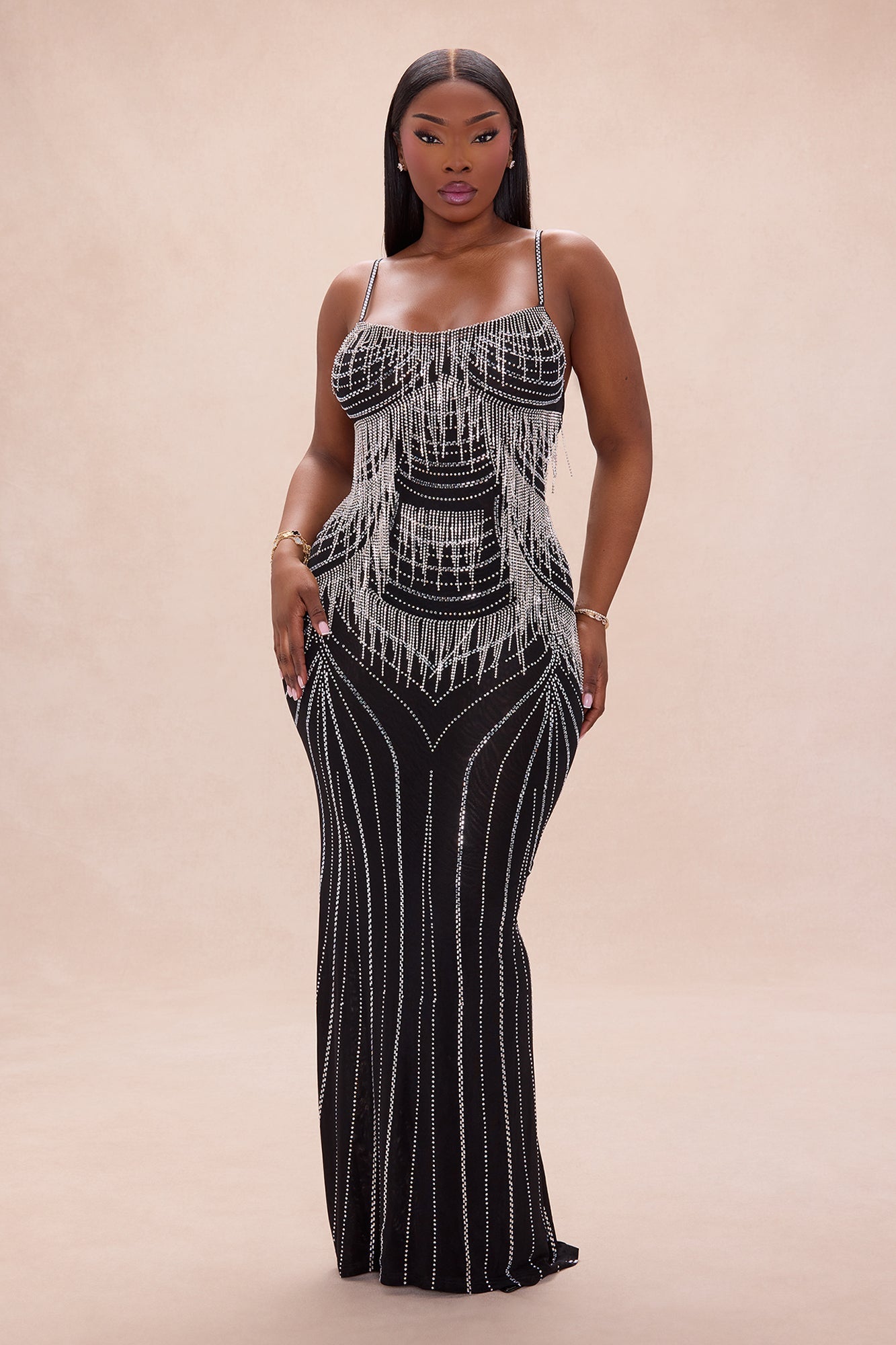 Gracelynn Rhinestone Fringe Maxi Dress - Black