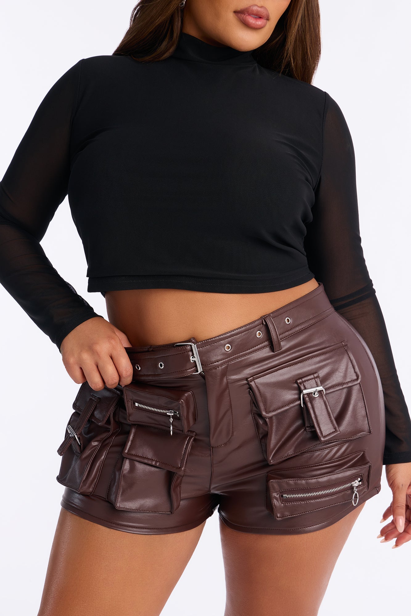 Go All Out Faux Leather Cargo Short - Chocolate