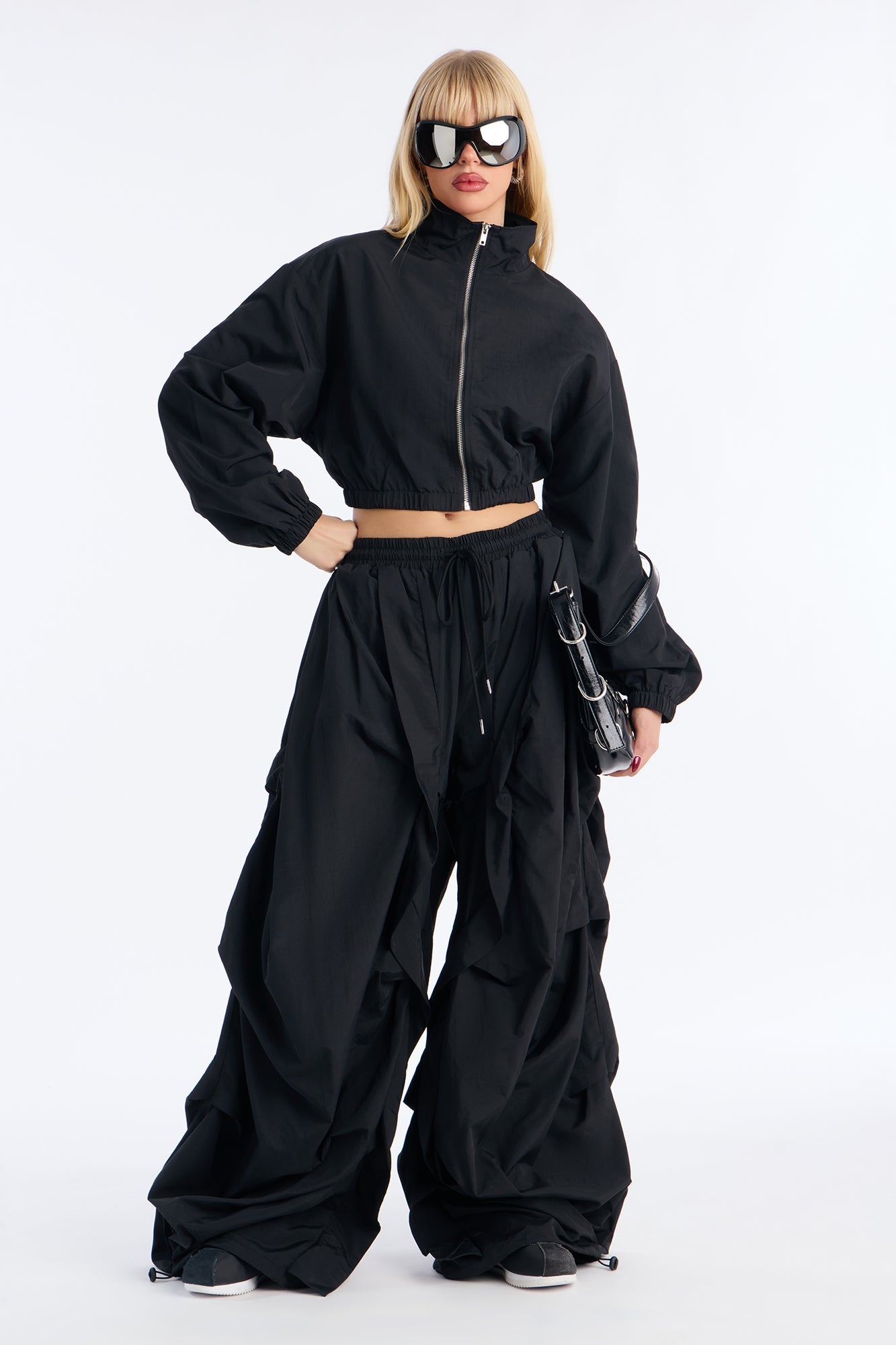 Midnight Drift Extreme Wide Leg Windbreaker Set - Black