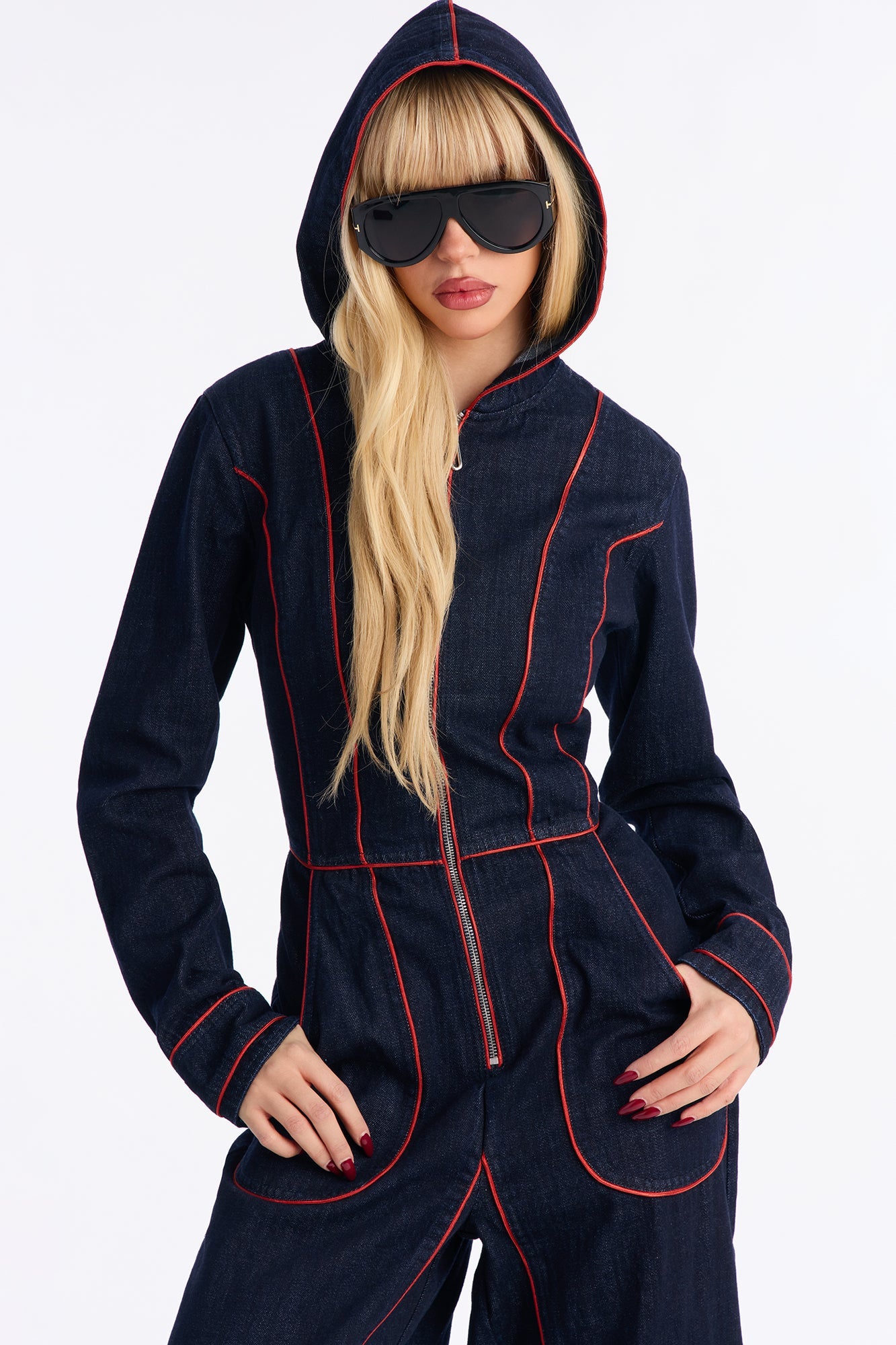 Lara Contrast Trim Denim Hooded Jumpsuit - Dark Wash