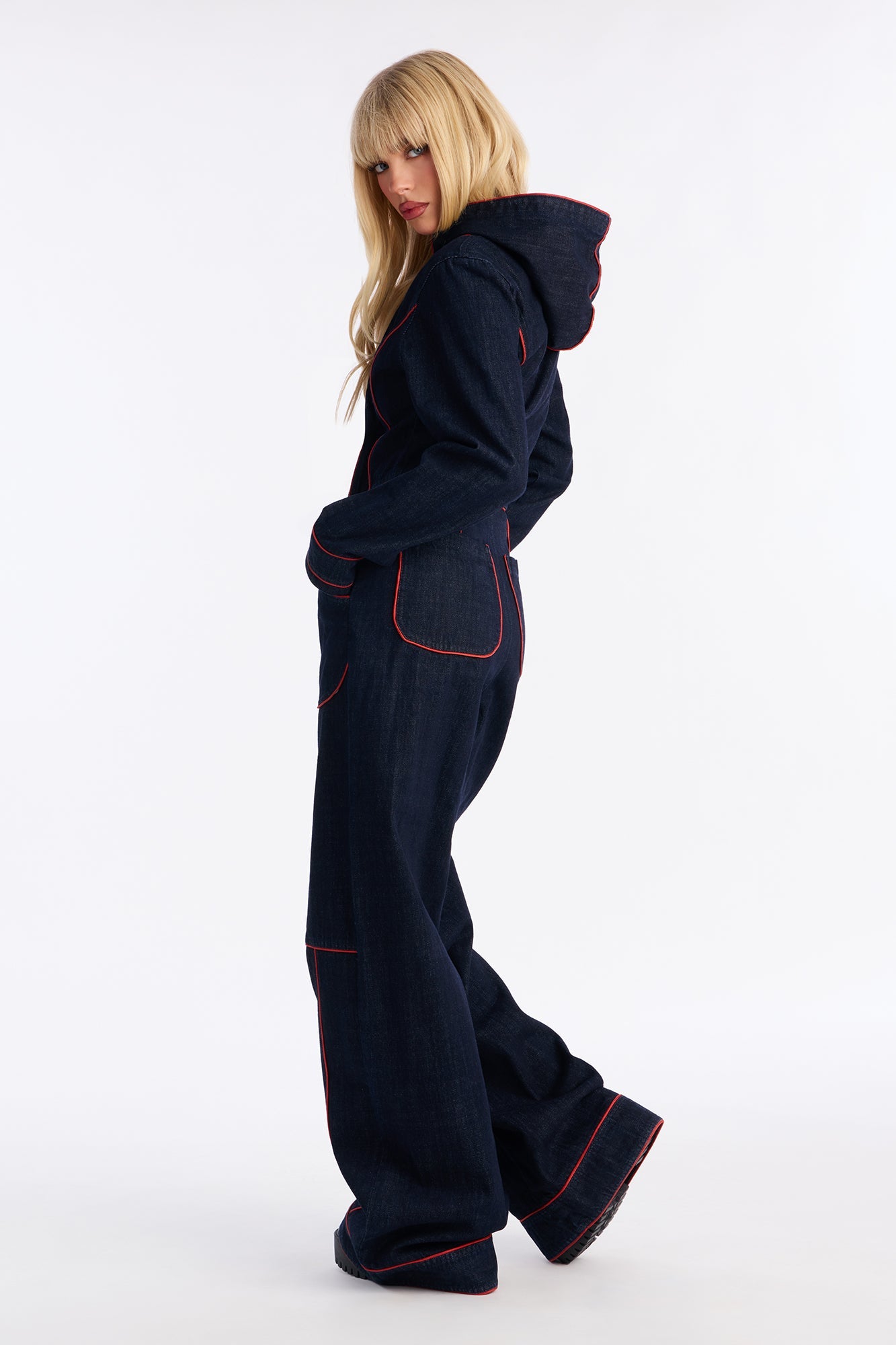 Lara Contrast Trim Denim Hooded Jumpsuit - Dark Wash