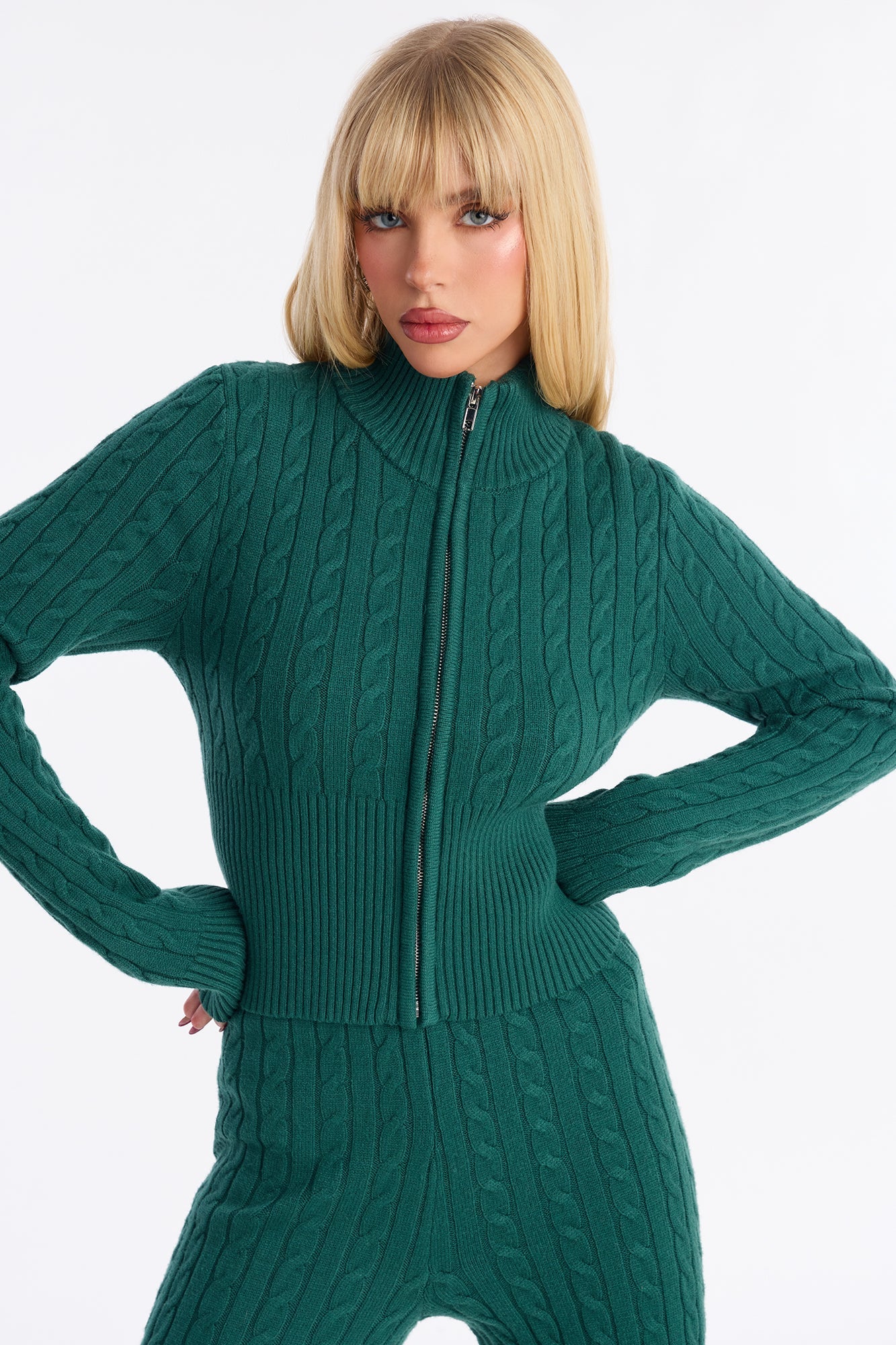 Caroline Mock Neck Cable Sweater Pant Set - Hunter