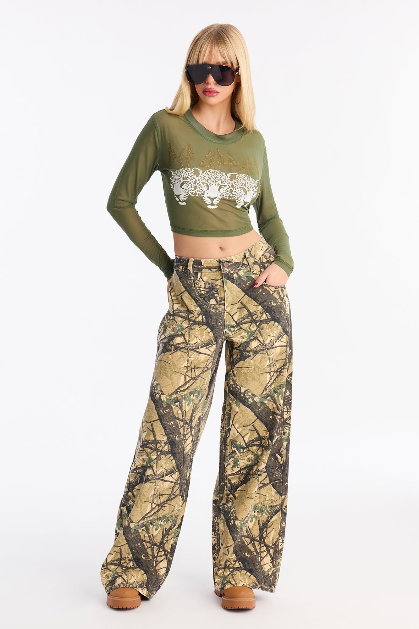 Under Pressure Camo Tree Low Rise Wide Leg Pant 31″ - Green/combo